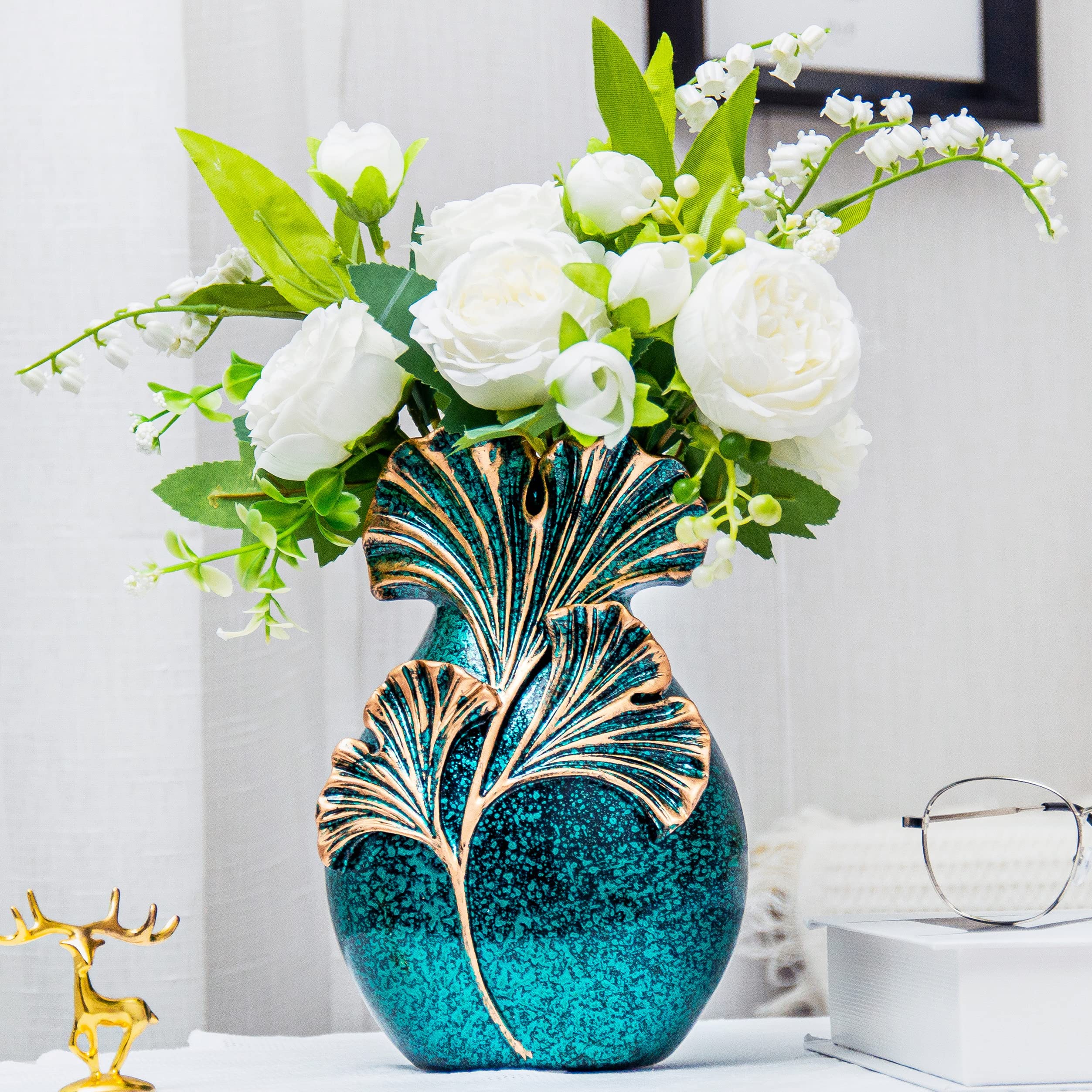 Blue Green Ceramic Vase - 8 Inch Modern Farmhouse Flower Vase for Home Decor, Rustic Unique Decorative Vase for Flowers, Small Table Vase for Living Room, Halloween & Christmas Decorations - Perfect Gift Idea for Housewarming & Special Occasions