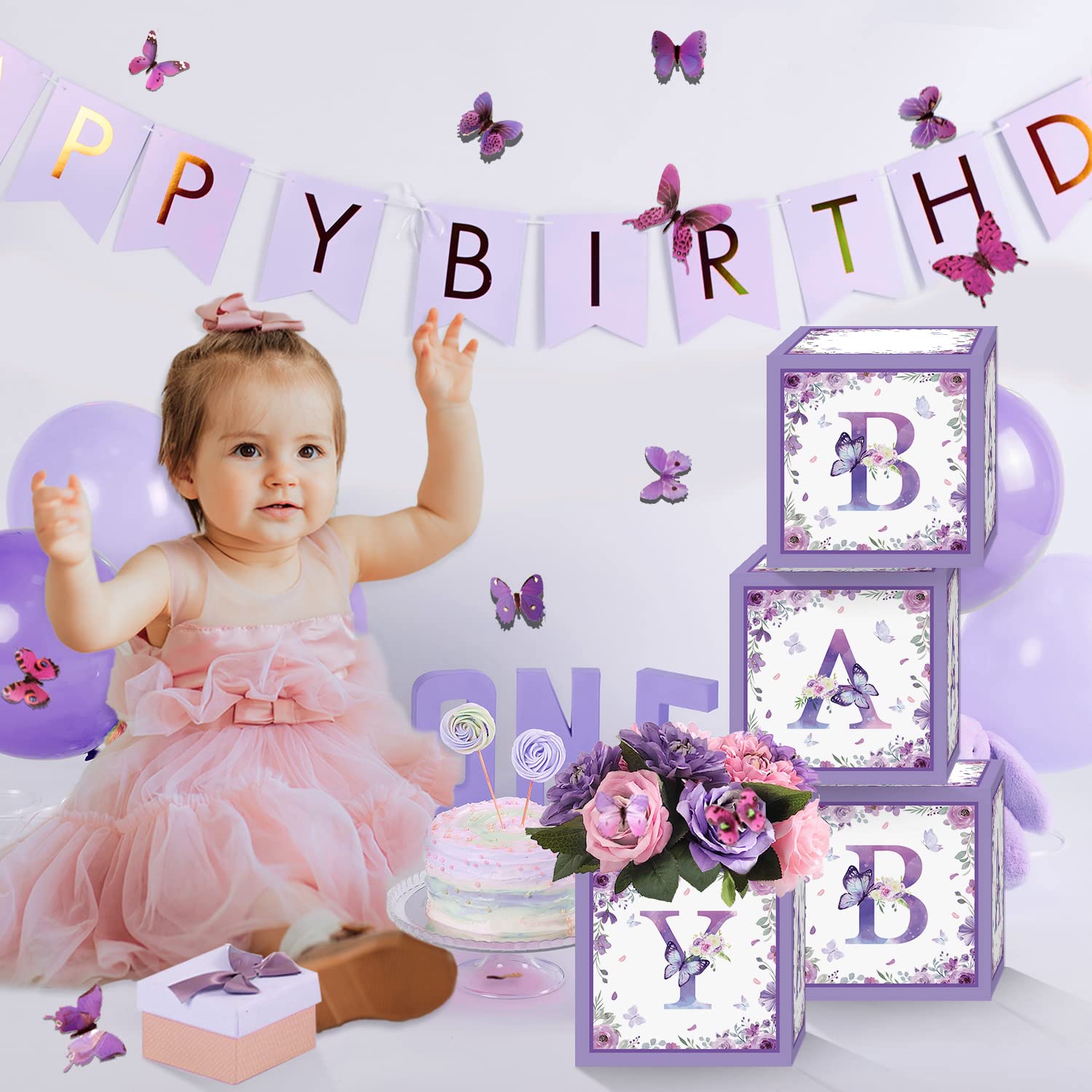 Purple Butterfly Baby Shower Decor Boxes - 4pc Gender Reveal & Birthday Centerpieces for Party Decorating