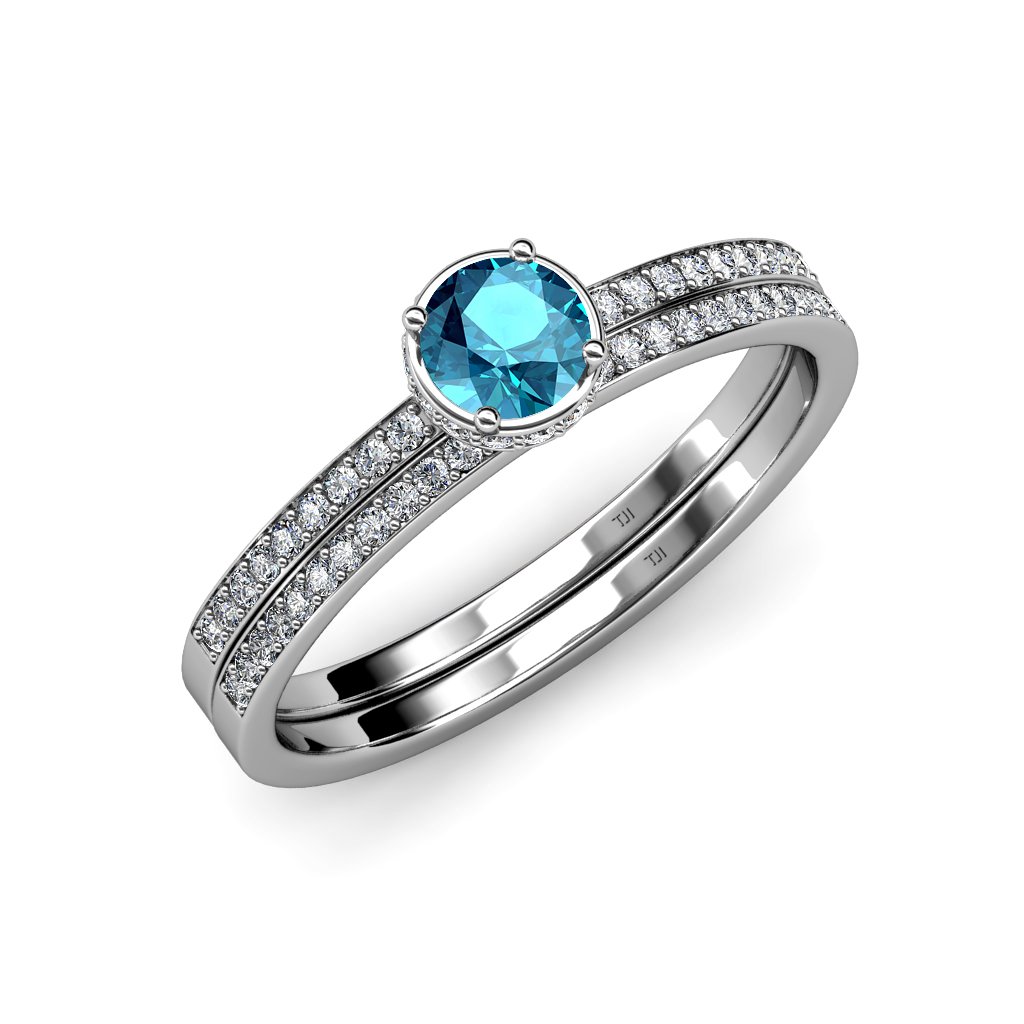 London Blue Topaz & Diamond Halo Engagement Ring & Wedding Band Set 1.05 ctw 14K White Gold - Elegant Bridal Jewelry for Proposals, Anniversaries & Special Occasions