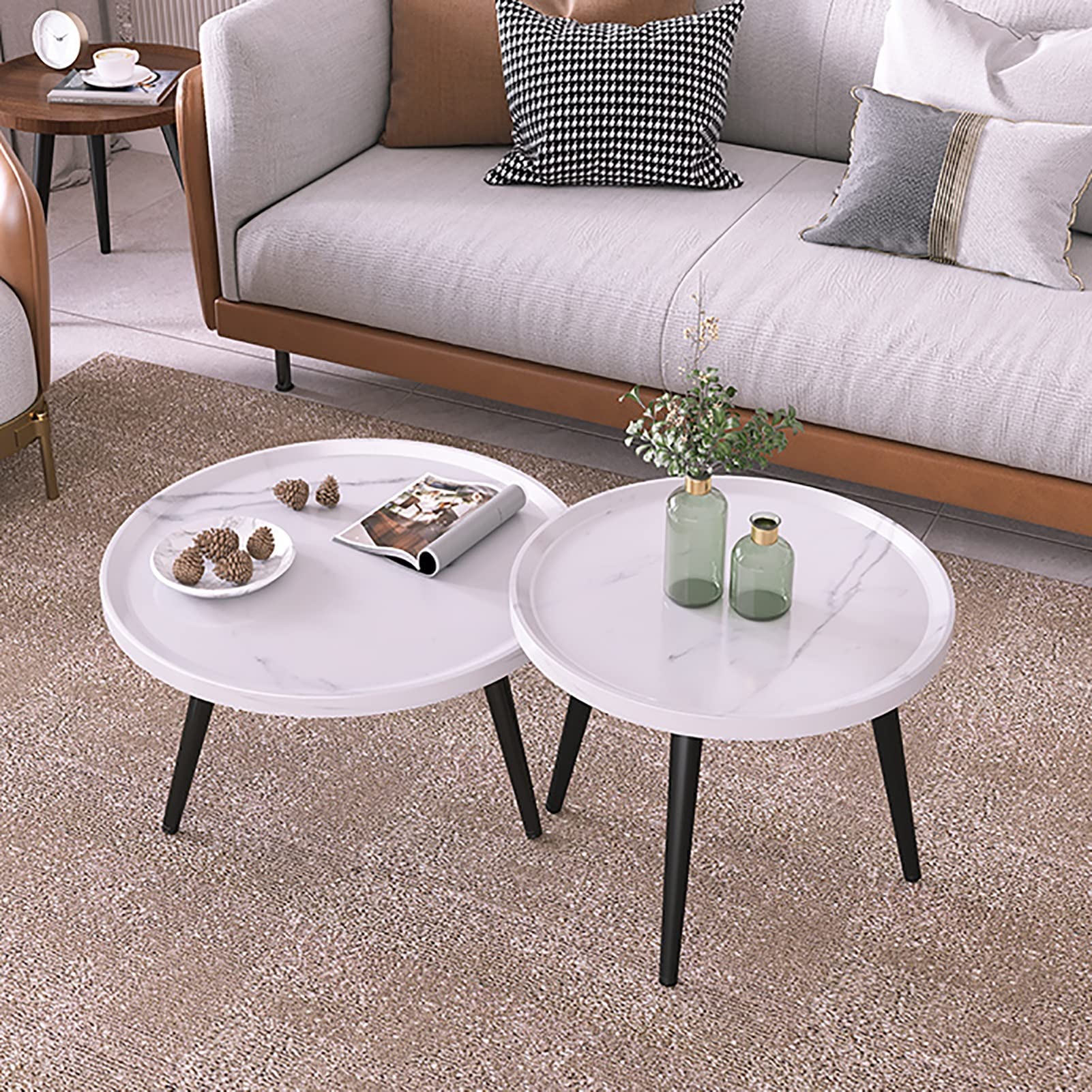 Modern Round Wood Nesting Coffee Table Set of 2 - Adjustable Height Accent Side Tables for Living Room, Bedroom, Balcony | Sofa End Tables, Nightstands | White Finish for Contemporary Home Decor