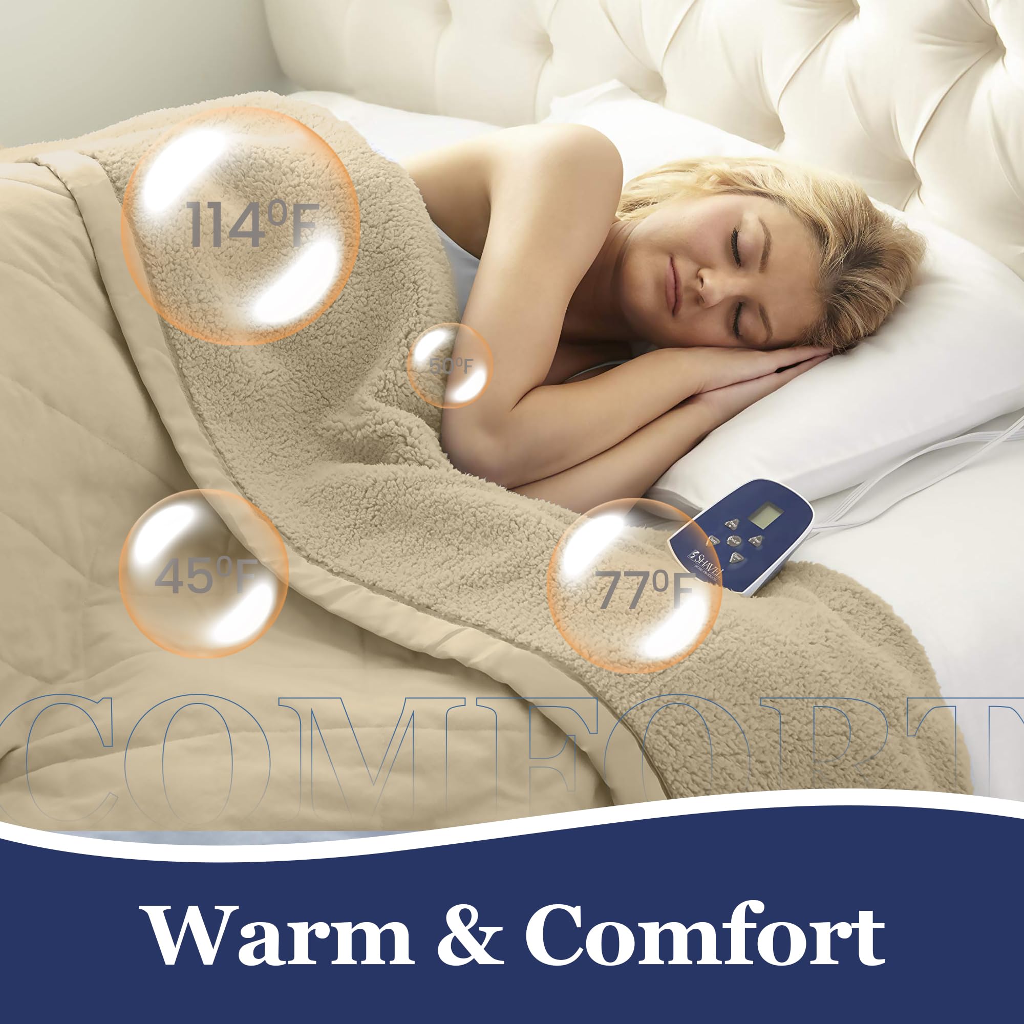 Thermee Micro Flannel Heated Blanket with Sherpa Back - 10 Heat Settings Electric Blanket for Twin Bed, Programmable Fast Heating Throw Blanket - Ultra Soft Thermal Blanket for Winter, Perfect for Bed, Couch & Office Use - Tan