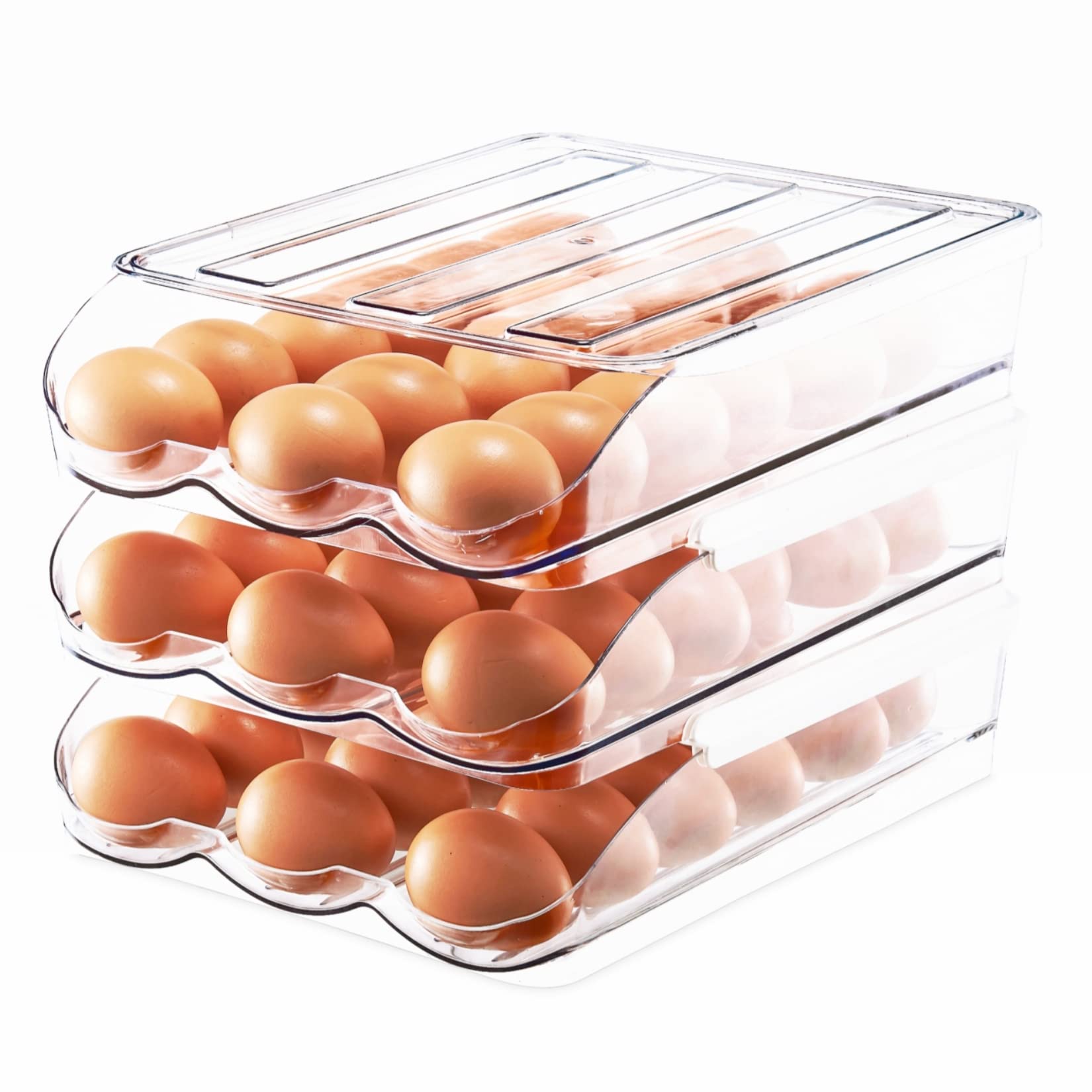 54 Grid Stackable Egg Holder for Refrigerator - Clear 3-Layer Automatic Rolling Egg Storage Rack - Space Saving Fridge Organizer for Kitchen, Breakfast Meal Prep & Farm Fresh Eggs