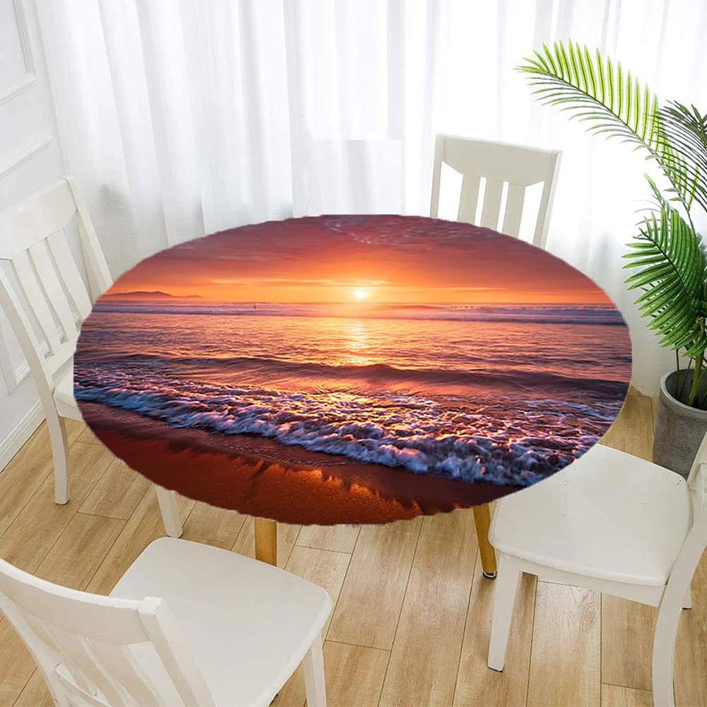 Ocean Round Tablecloth with Elastic Edge - Marine Theme 3D Printed Design for 36 Inch Dining Tables | Perfect for Buffet Parties, Camping & Beach Themed Events