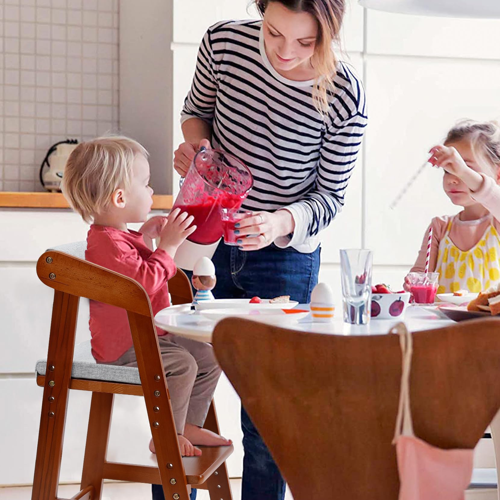 Adjustable Wooden High Chair for Toddlers - Convertible Dining & Feeding Chair with Removable Cushion - Grow with Your Child for Mealtime, Study & Play - Nut Brown Baby Step Stool Included - Perfect for Home, Restaurant & Daycare Use