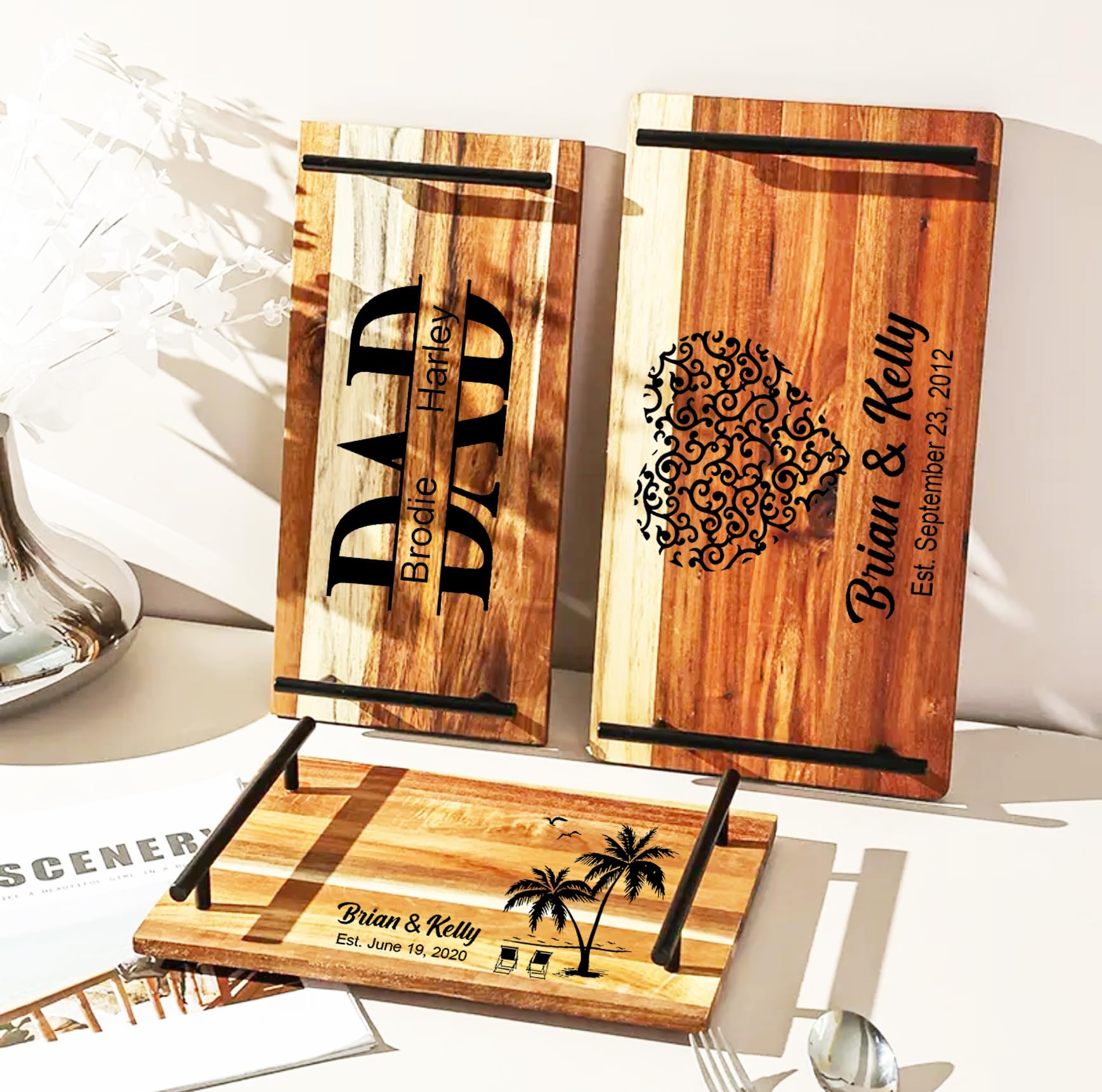 Personalized Acacia Wood Serving Tray with Handles - Engraved Wooden Tray for Coffee, Breakfast, or Cheese - Perfect Housewarming & Wedding Gift for Bridal Shower, Anniversary, or Hostess