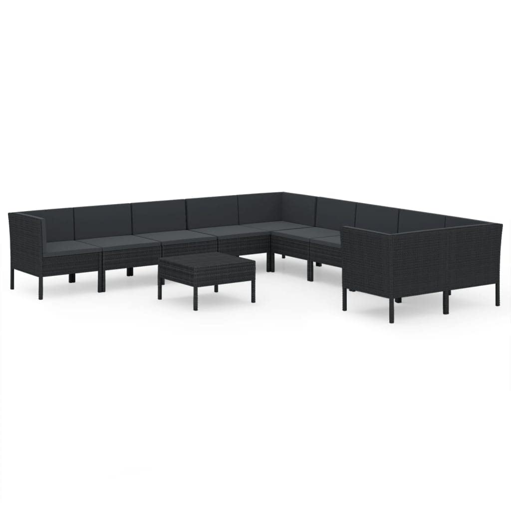 11-Piece VidaXL Patio Lounge Set with Cushions - Black Poly Rattan Outdoor Furniture for Garden, Terrace & Backyard - Perfect for Relaxing, Lounging & Entertaining Guests