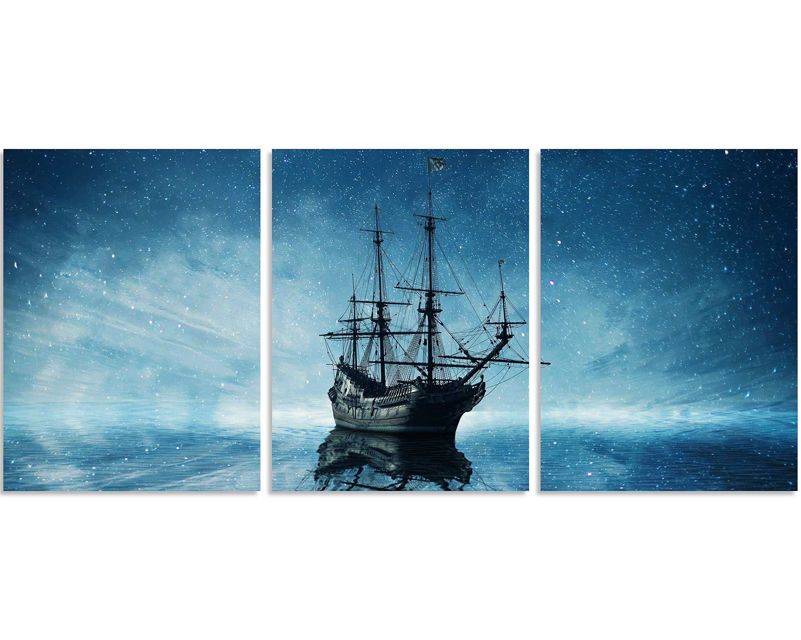 TutuBeer 3 Panel Pirate Ship Wall Art - Starry Night Sky Sailboat Painting on Canvas, Framed Pirate Decor for Living Room, Bedroom & Home - Perfect for Nautical Theme Rooms, Beach Houses & Pirate Lover Gifts