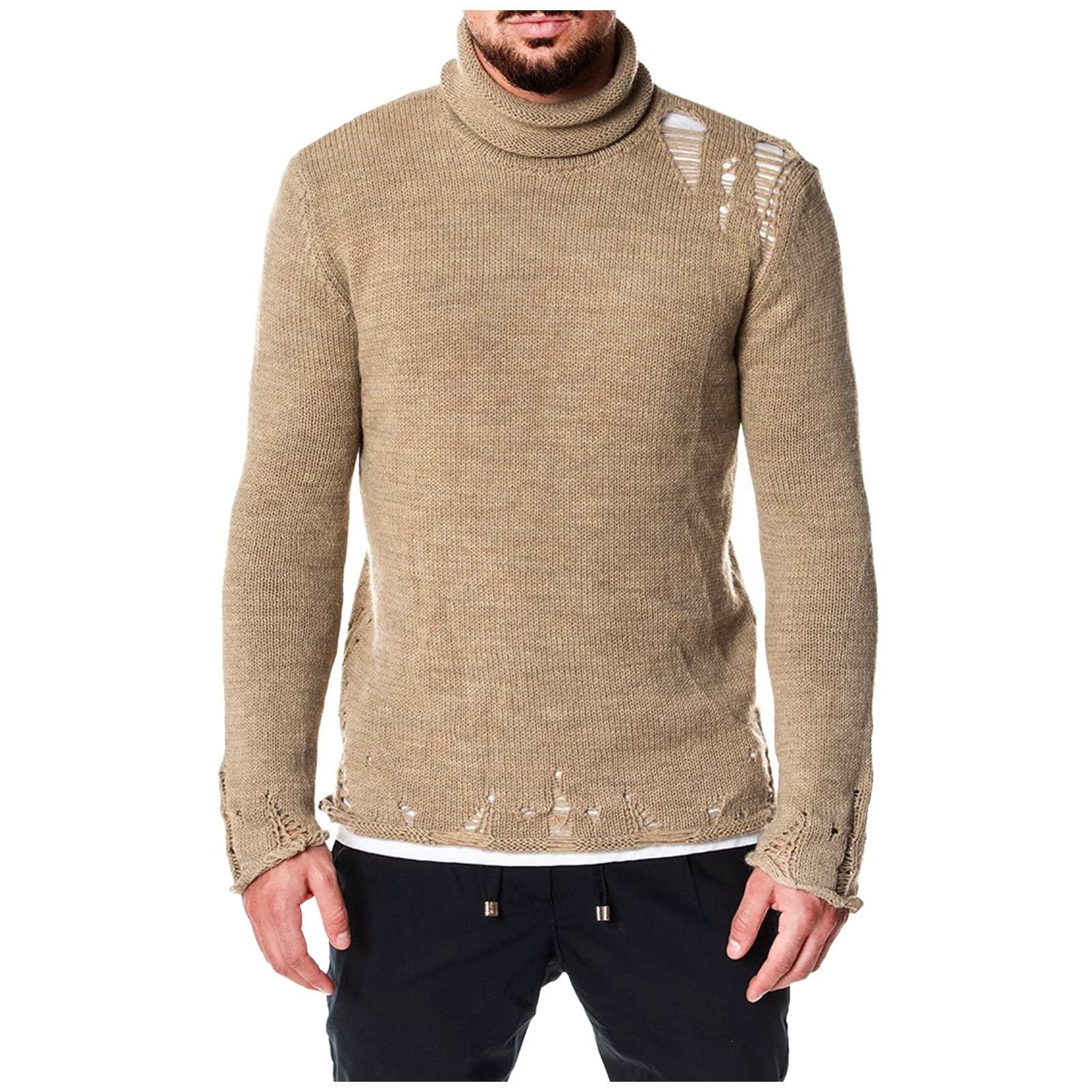 Men's Ripped Turtleneck Sweater - Classic Knitted Pullover for Winter - Cozy & Stylish for Casual Wear, Date Nights & Outdoor Activities