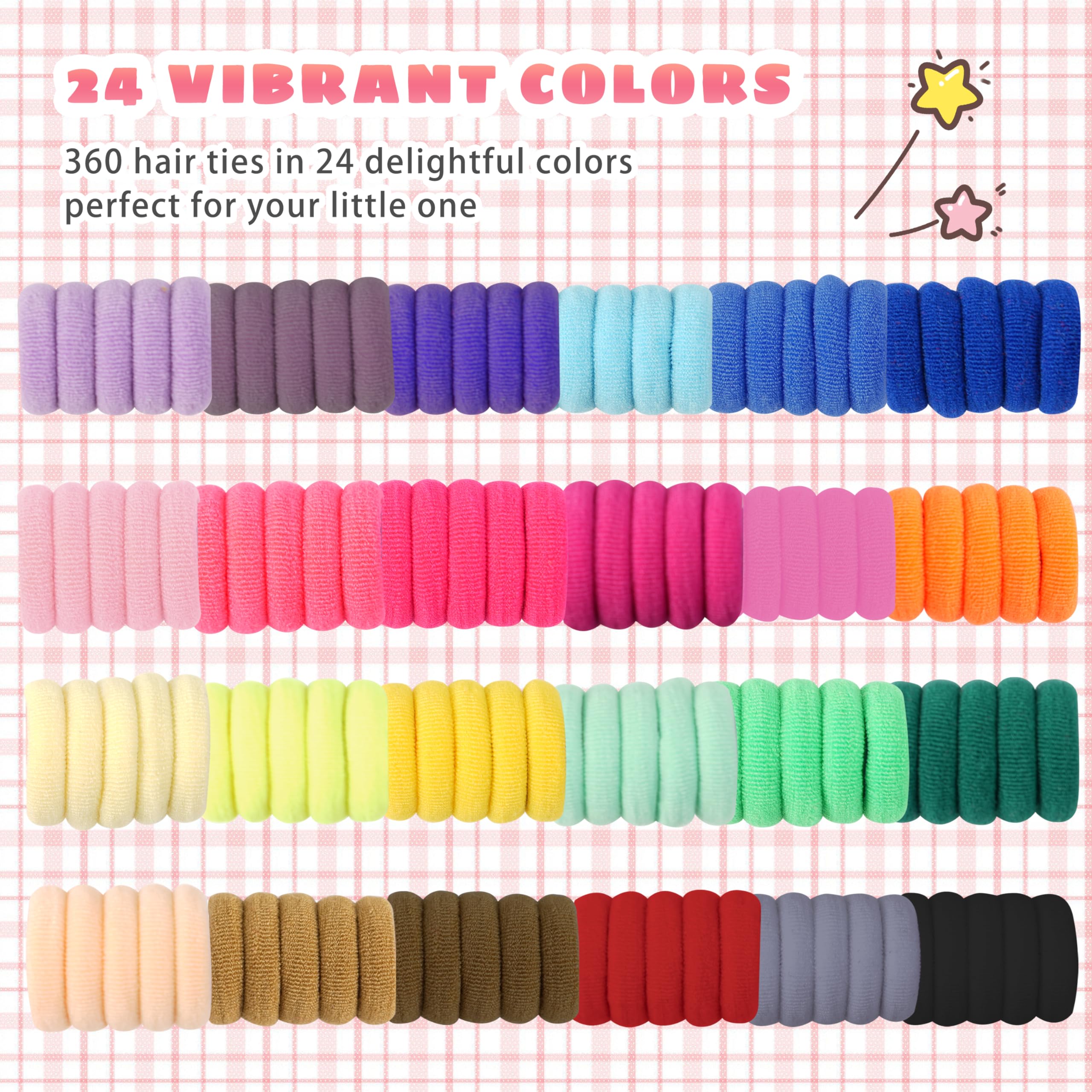360 Pcs Baby Hair Ties - 24 Colors Soft Cotton Toddler Hair Bands with Organizer Box | 1 Inch Seamless Hair Elastics for Girls | Ponytail Holders & 5 Styling Tools | Perfect for School, Parties & Daily Hairstyles