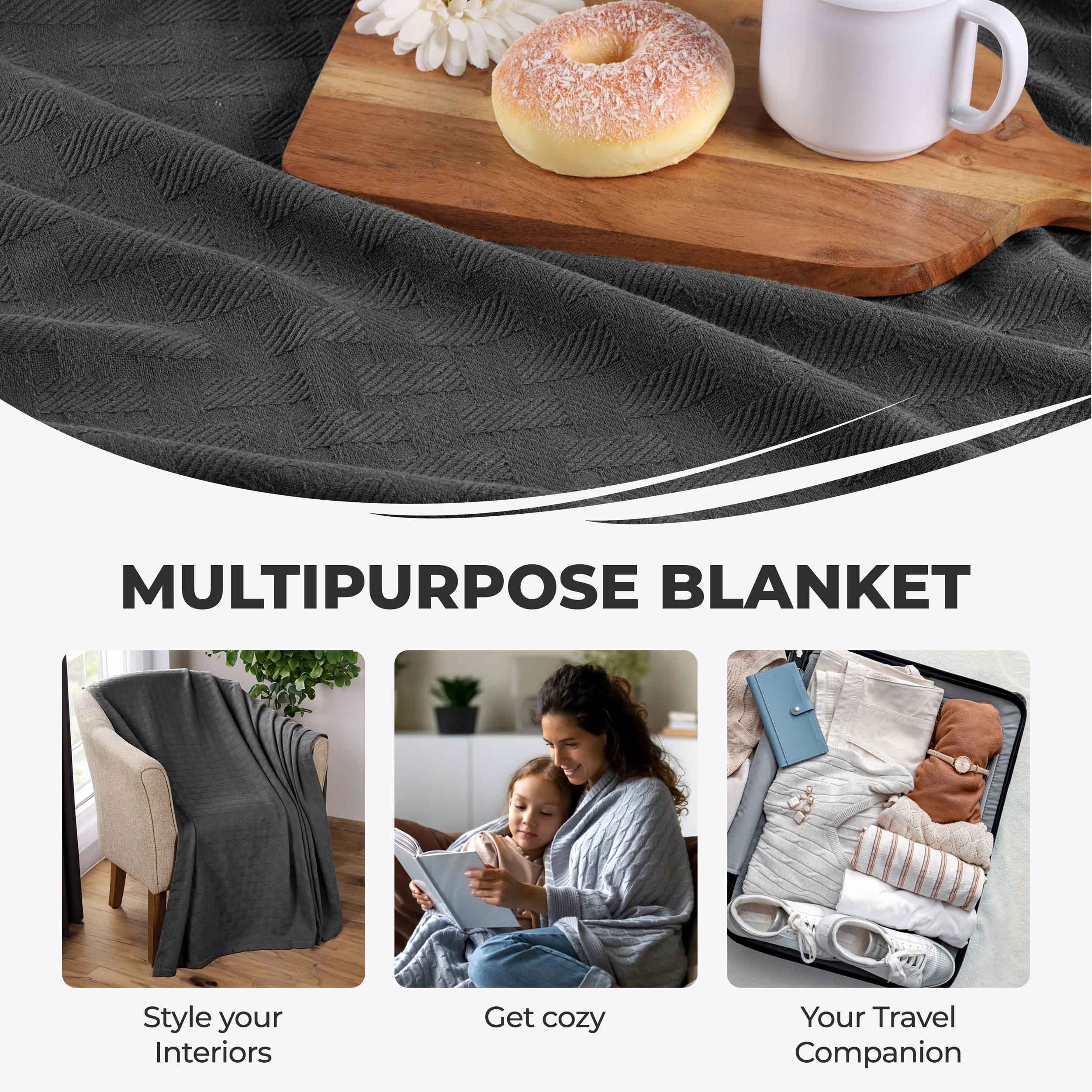 Soft Basketweave All-Season Cotton Bed Blanket & Sofa Throw - Lightweight Breathable Blanket for Bedroom, Living Room, Travel and Outdoor Use
