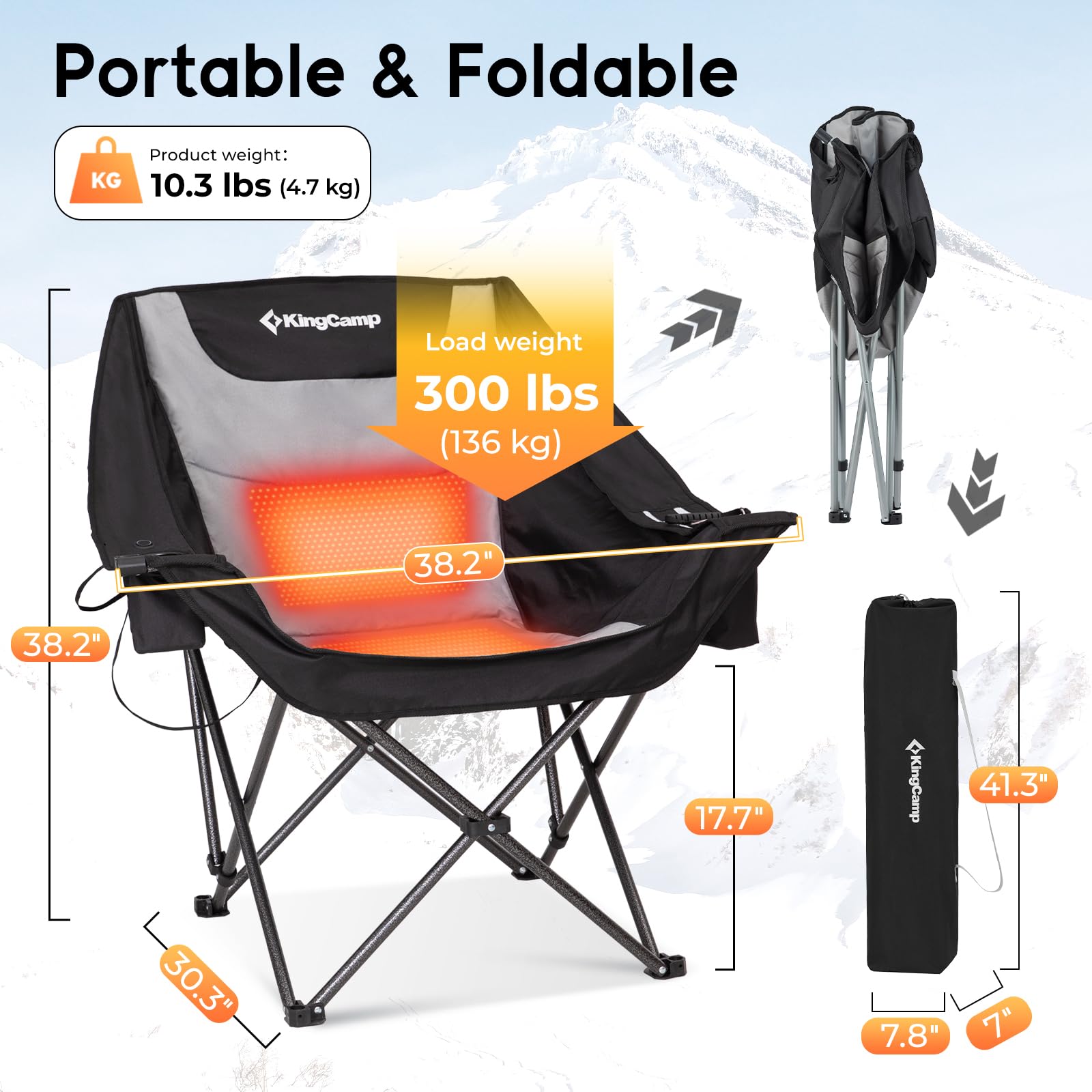 KingCamp Heated Camping Chair with 3 Heat Levels - Oversized Folding Padded Outdoor Chair for Adults, Includes Cooler Bag & Cup Holder (Black/Grey) - Perfect for Camping, Backyard, Fishing & Outdoor Events