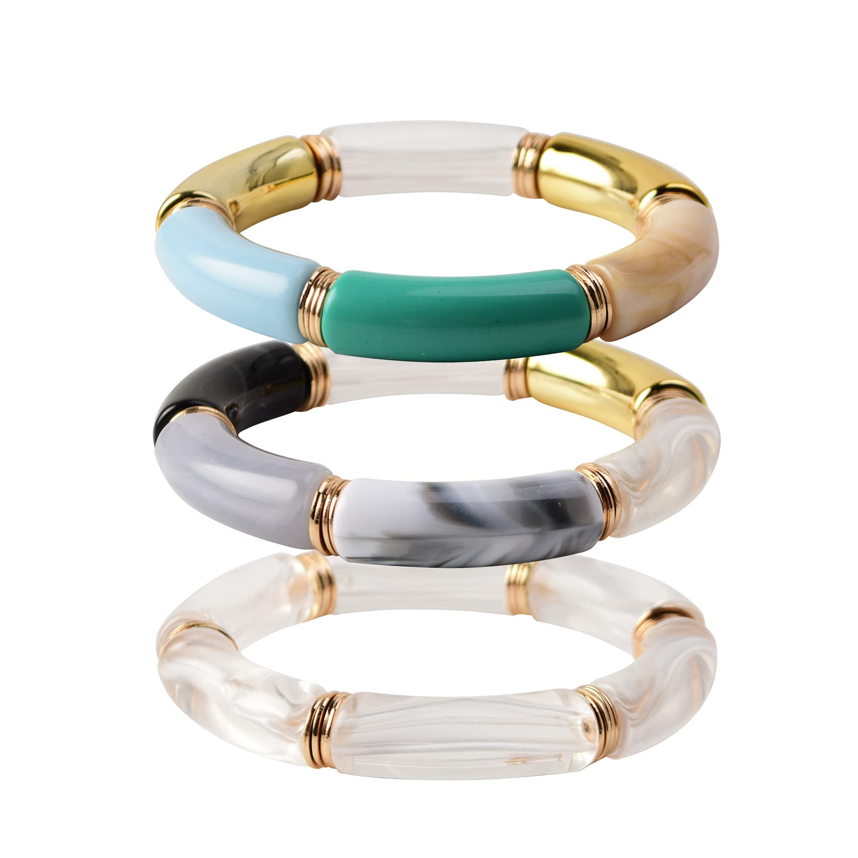 Chunky Bamboo Tube Bangles Bracelet - Stackable Curved Clear Acrylic Colorful Beads Stretchable Friendship Gold Bracelet for Women | Perfect for Boho Fashion, Layered Jewelry & Gift Giving