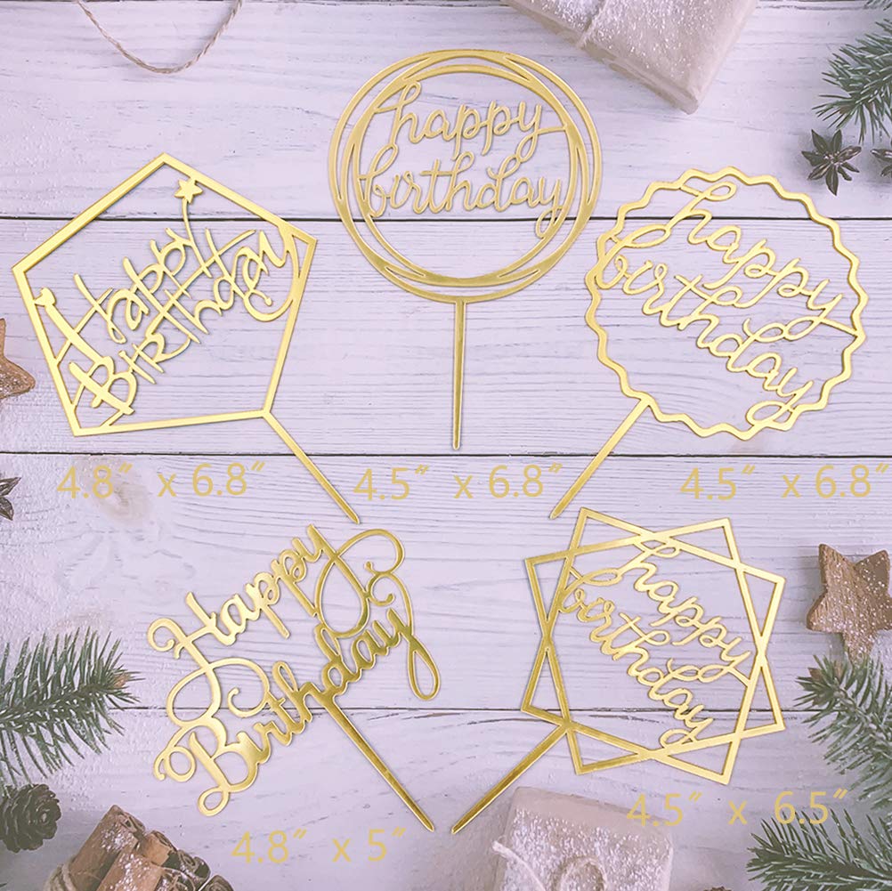 Gold Acrylic Happy Birthday Cake Topper Set - 5 Piece Wedding, Anniversary & Party Cake Decorations for Special Occasions