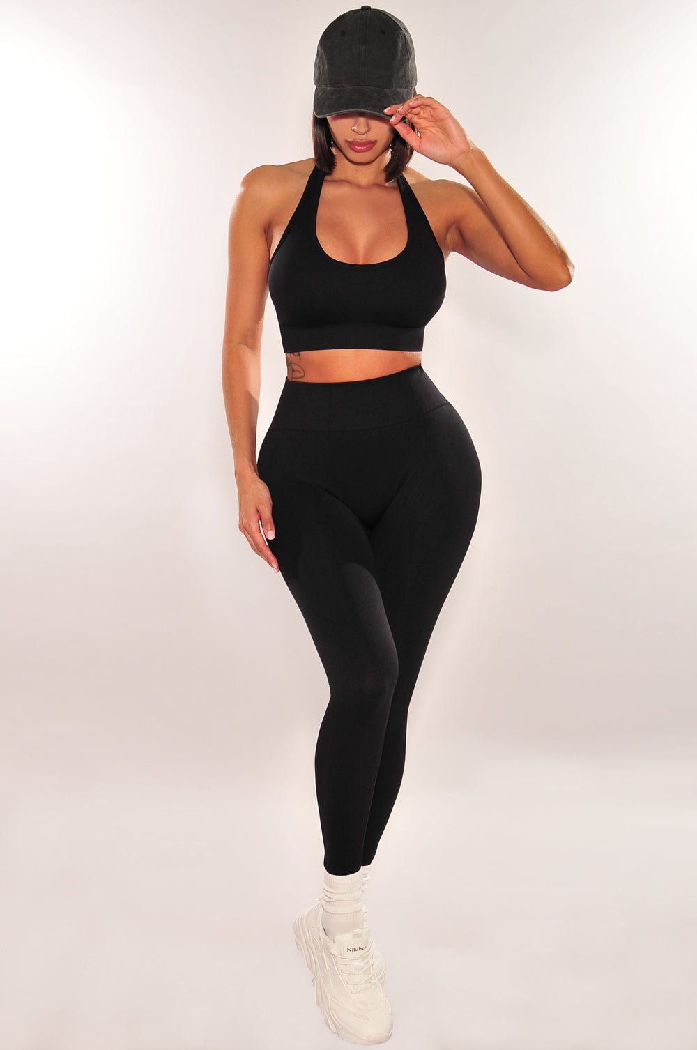 HMS Fit: Black Halter Padded Sports Bra & High Waist Scrunch Butt Lifting Leggings 2-Piece Workout Set for Yoga, Gym & Running