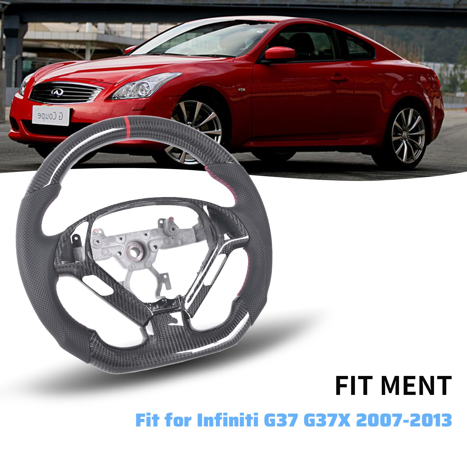 Carbon Fiber Steering Wheel for Infiniti G37 & G37X (2007-2013) - D-Shaped Flat Bottom Design with Nappa Perforated Leather Grip & Replacement Trim | Premium Upgrade for Sporty Driving & Interior Enhancement