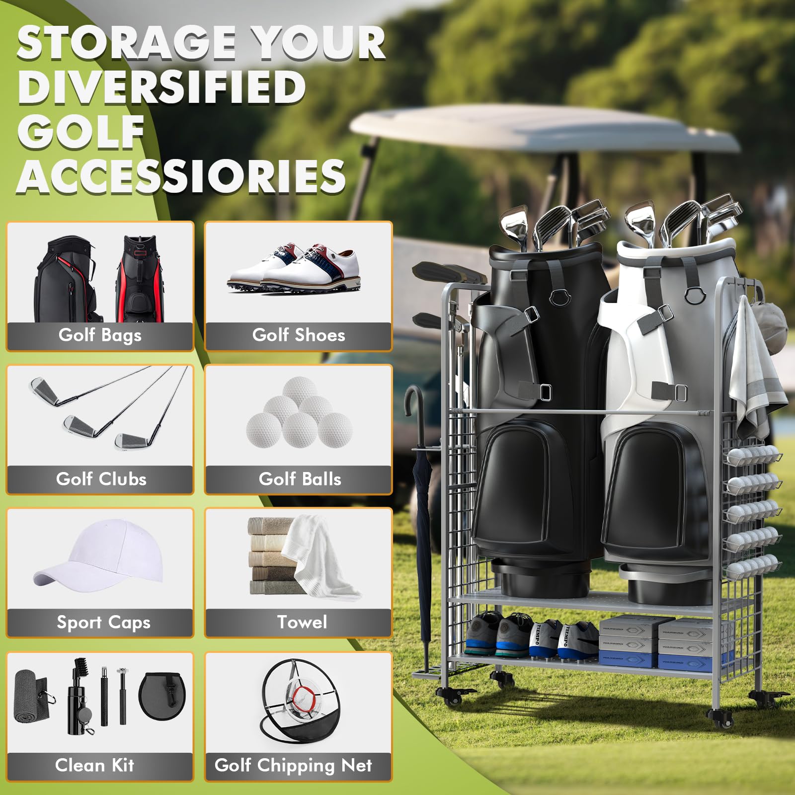 Premium Golf Bag Storage Organizer - Heavy Duty Golf Club Rack & Equipment Stand for Garage, Shed, Basement | Space-Saving Golf Gear Solution for Home & Club Organization