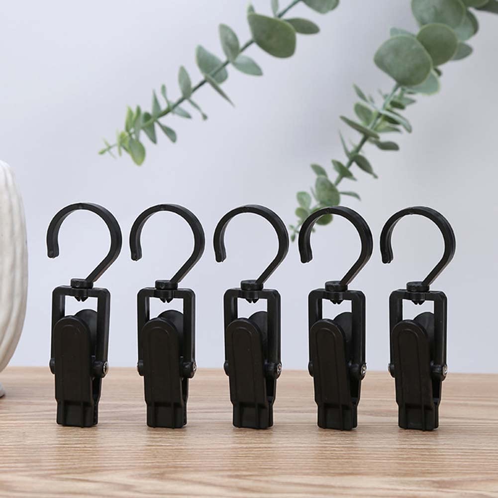 12 Pack Rotating Laundry Hooks - Heavy Duty Plastic Clothes Pins for Hanging Clothes, Curtains, Tarps & Tents | Perfect for Home, Office, Travel, Camping & Outdoor Activities (Black)
