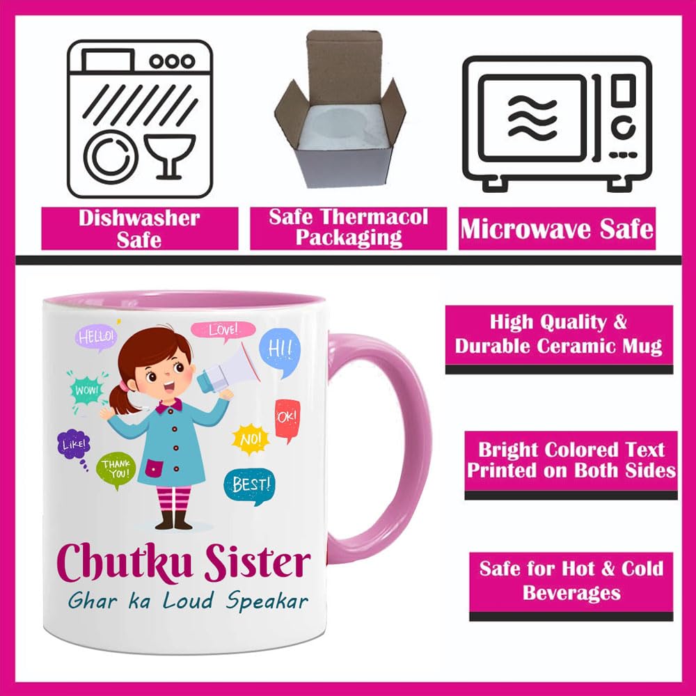 Funny Quotes Ceramic Mug for Sister - Pink Handle White Coffee Cup with Humorous Sayings - Perfect Rakhi, Rakshabandhan, Bhaidooj & Birthday Gift - 350ml - Ideal for Morning Coffee, Tea Breaks & Sister Bonding Moments
