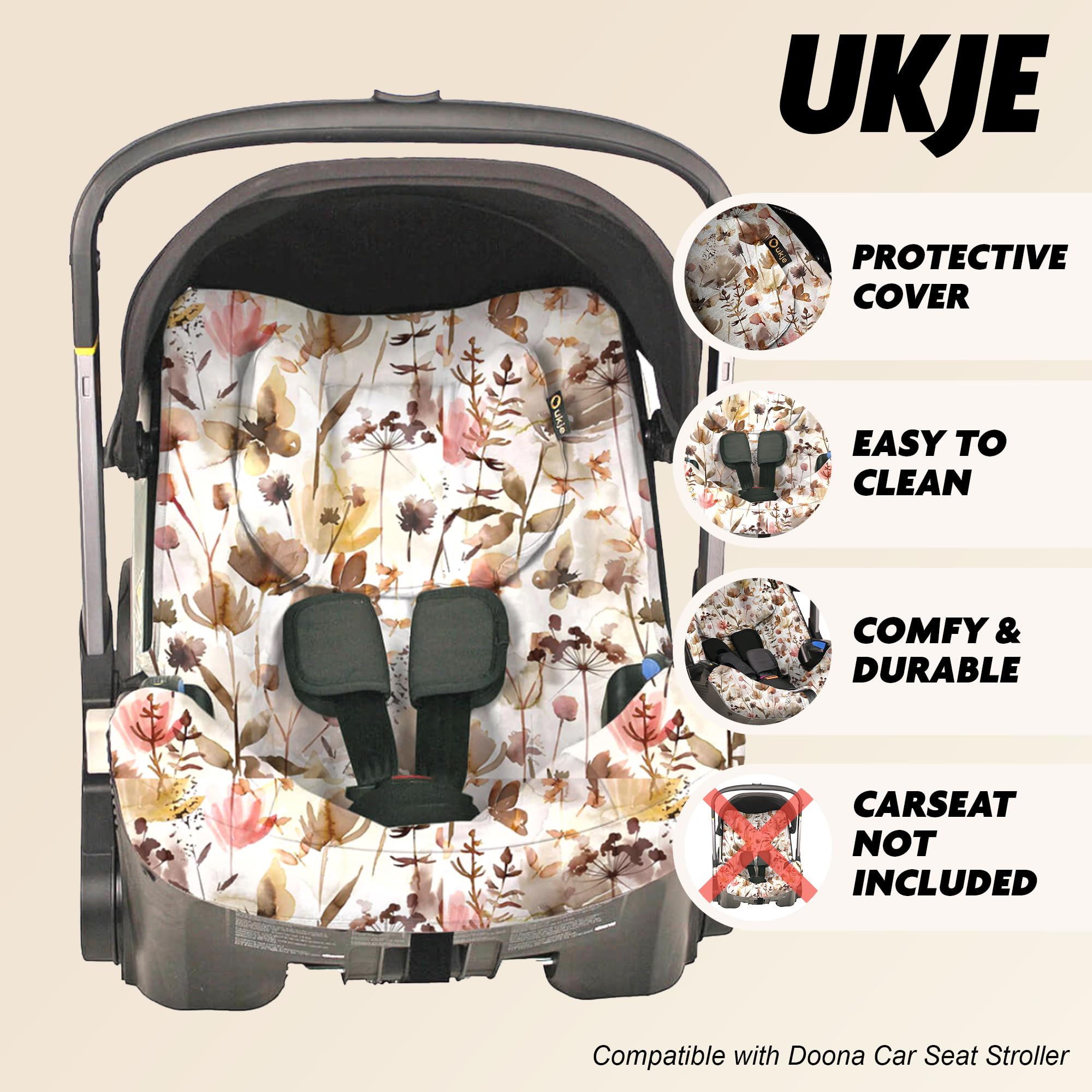 UKJE Protective Car Seat & Stroller Cover for Doona Car Seat - Waterproof Cotton Infant Seat Liner Protector - Easy Install & Washable Newborn Accessories (Wild Flowers) - Perfect for Travel, Daily Commutes & Baby Safety