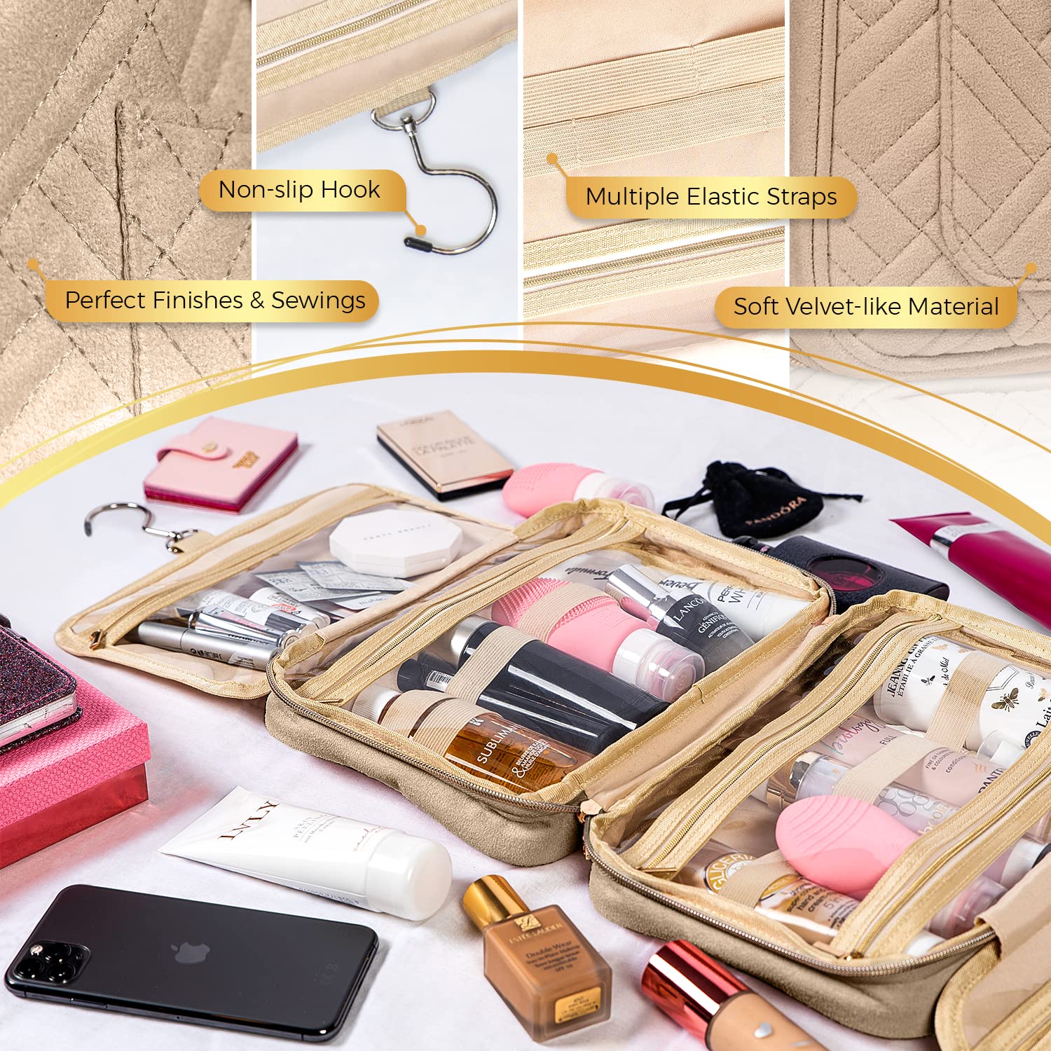 BOACAY Hanging Travel Toiletry Bag for Women - Waterproof Makeup Organizer with Multiple Pockets for Cosmetics, Toiletries & Travel Essentials - Perfect for Bathroom, Shower, Camping & Vacation Trips