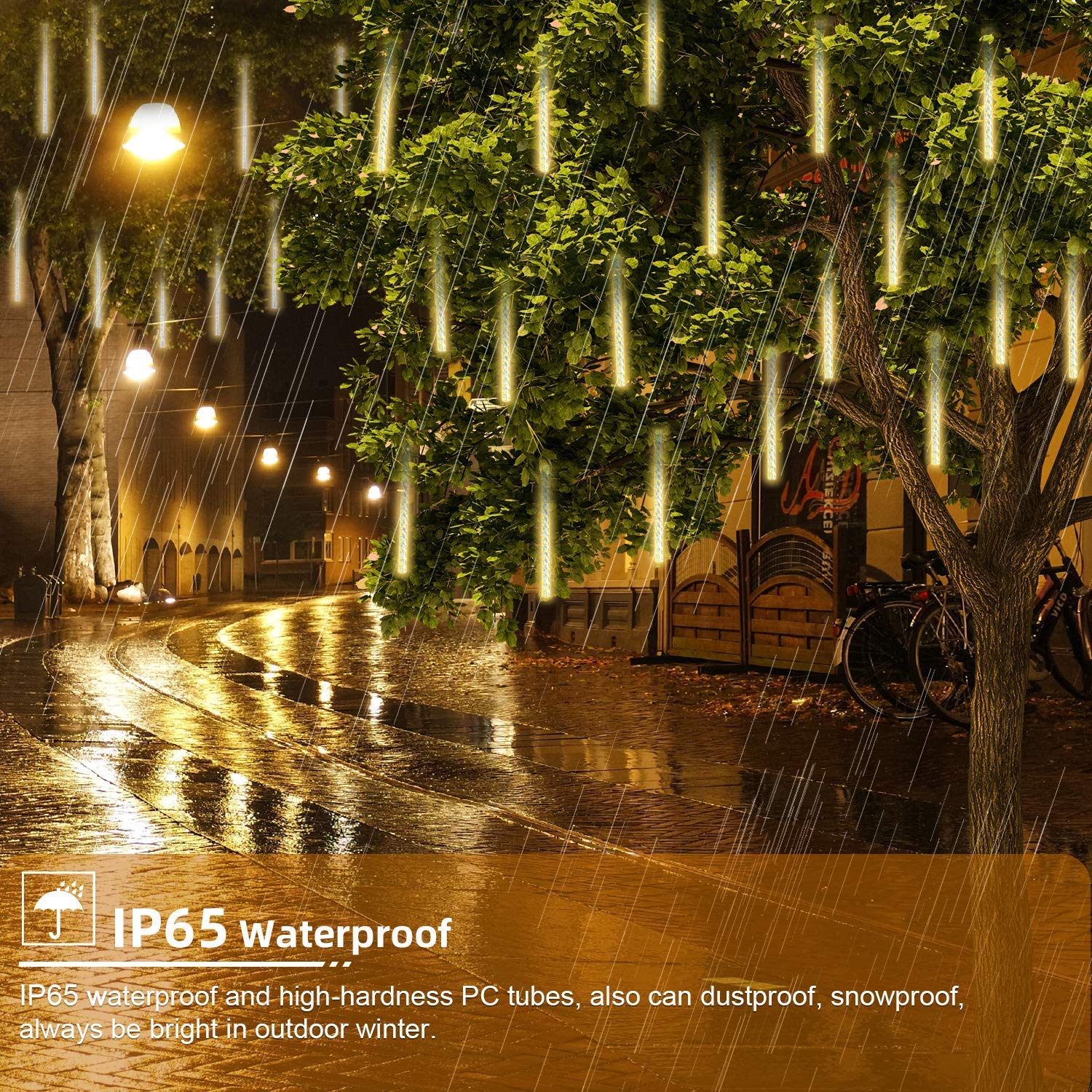 Solar Powered Outdoor Christmas Lights - Waterproof 8 Tubes 288 LED Meteor Shower Raindrop String Lights (Warm White) for Xmas Tree, Garden, Party & Holiday Decorations - Perfect for Patio, Yard, and Seasonal Celebrations