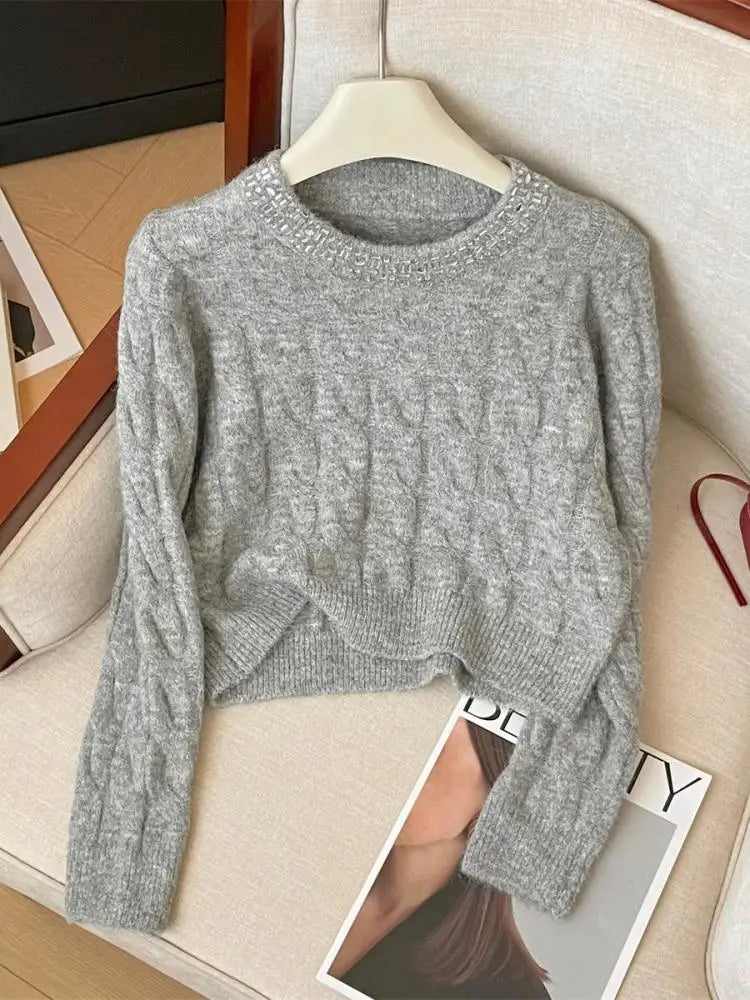 Women's Beige & Pink Diamond Knit Sweater - Round Neck Long Sleeve Pullover Top for Fall Winter | Casual Chic Fashion Knitwear for Office, Dating & Holiday Outfits