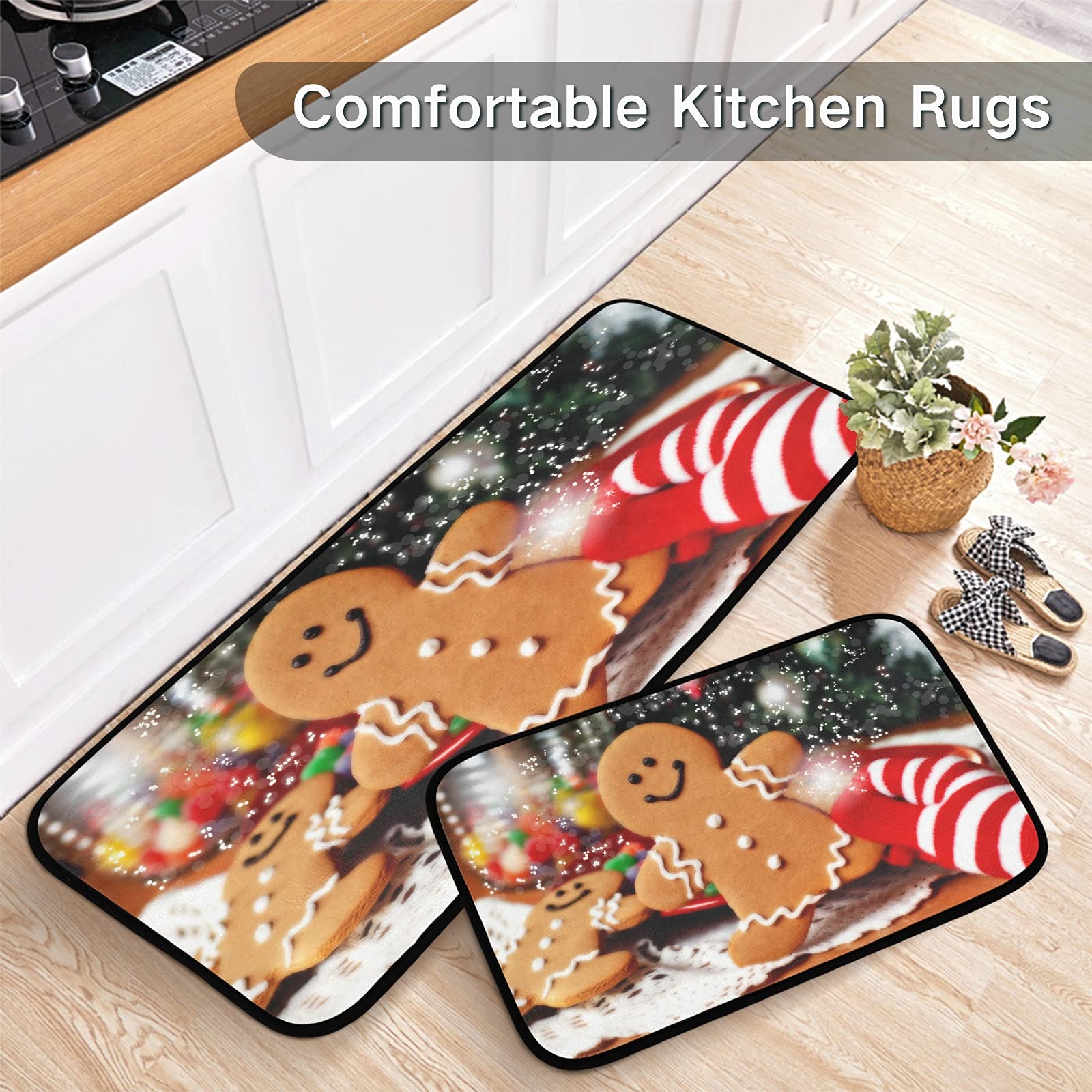 Christmas Gingerbread Man Kitchen Rug Set of 2 - Washable Non-Slip Memory Foam Anti-Fatigue Mat with Rubber Backing for Kitchen, Living Room, Bedroom, Bathroom & Laundry | Holiday Home Decor & Cozy Floor Comfort