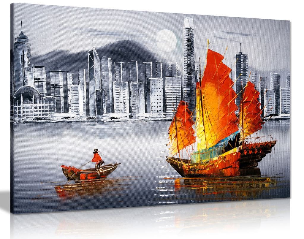 Hong Kong Harbour Boat Oil Painting Canvas Wall Art Print (36x24) - Stunning Home Decor for Living Room, Bedroom & Office