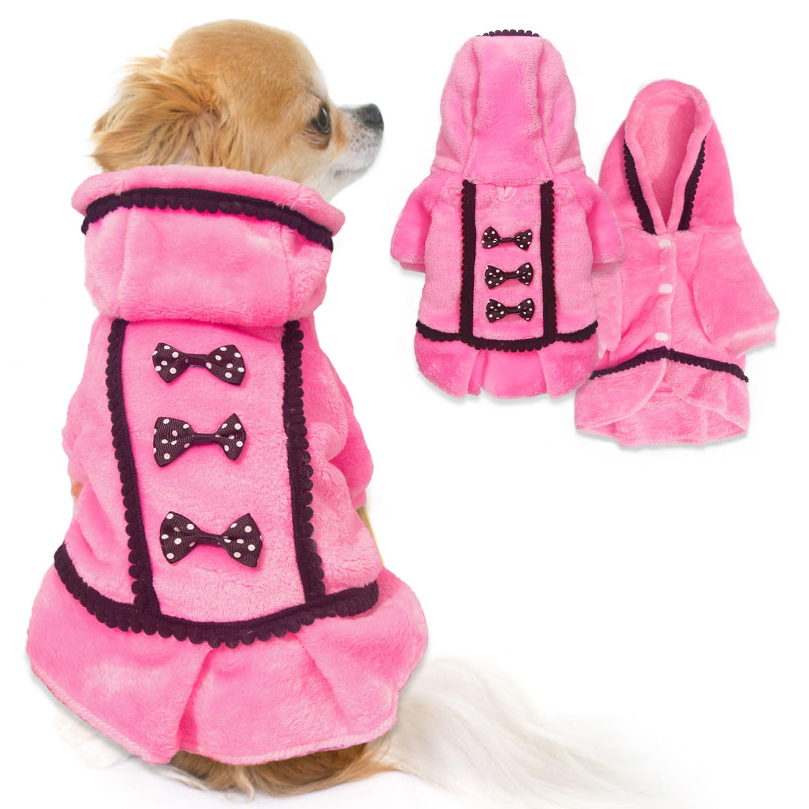 Warm Fleece Dog Sweater for Small Dogs - Cute Pink Puppy Hoodie with Bowtie & Leash Hole | Winter Chihuahua Clothes for Cold Weather (X-Small) | Perfect for Outdoor Walks & Indoor Cozy Time