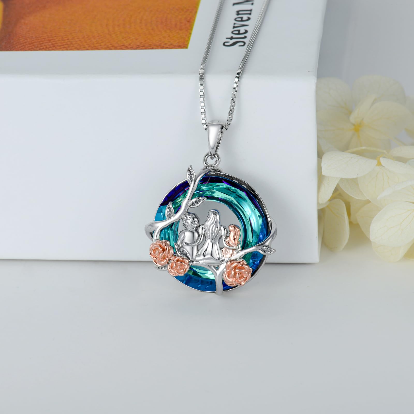 Sterling Silver Rose Flower Necklace with Blue Crystal - Mother and Daughter/Son Matching Jewelry Set for Birthday, Mother's Day, Christmas Gifts | Elegant Keepsake for Mom, Women's Fashion Accessory for Special Occasions