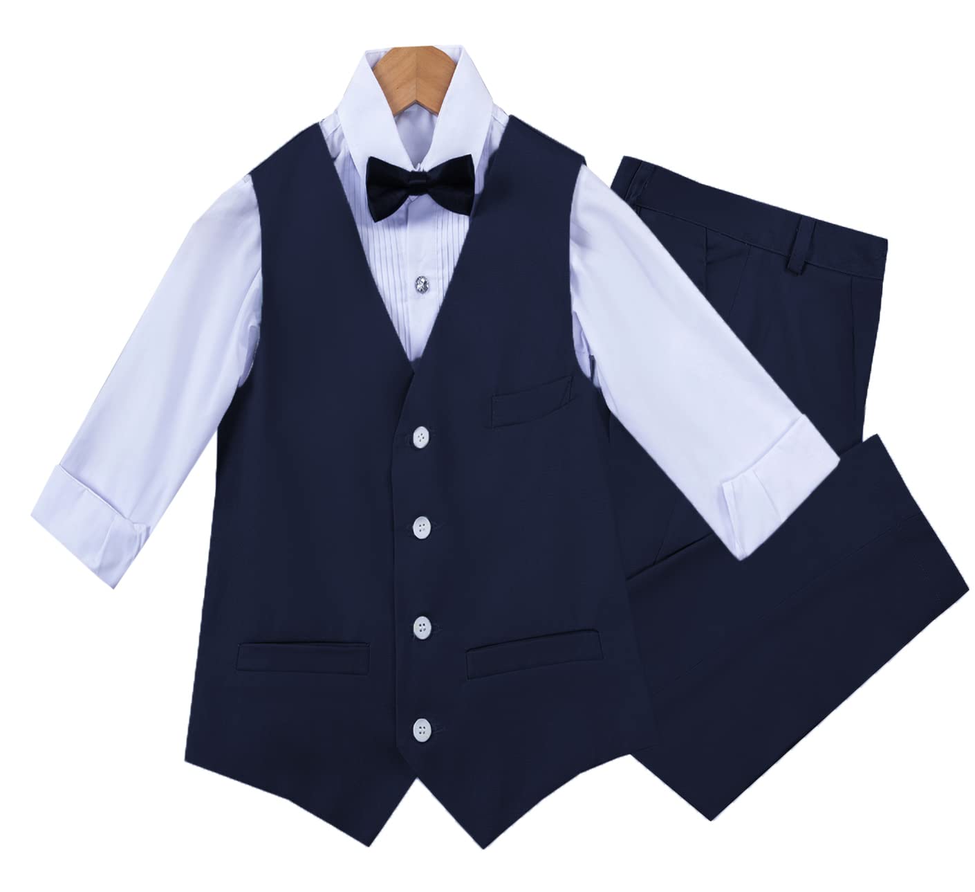 4-Piece Boys' Easter Suit Set - Long Sleeve Dress Shirt, Vest, Pants & Tie - Formal Black Outfit for Big & Little Kids - Perfect for Church, Family Photos & Special Occasions