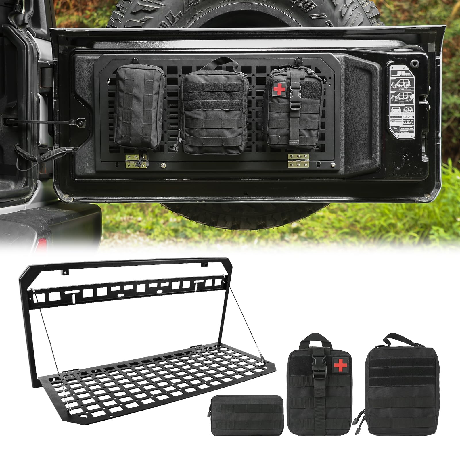 Foldable Tailgate Table & MOLLE Panel Storage Rack for 2017-2024 Jeep Wrangler JKU/JL/JLU - Rear Cargo Organizer with 3 Storage Bags (Not Compatible with Low Speaker JK Models) - Perfect for Camping, Off-Roading & Outdoor Adventures