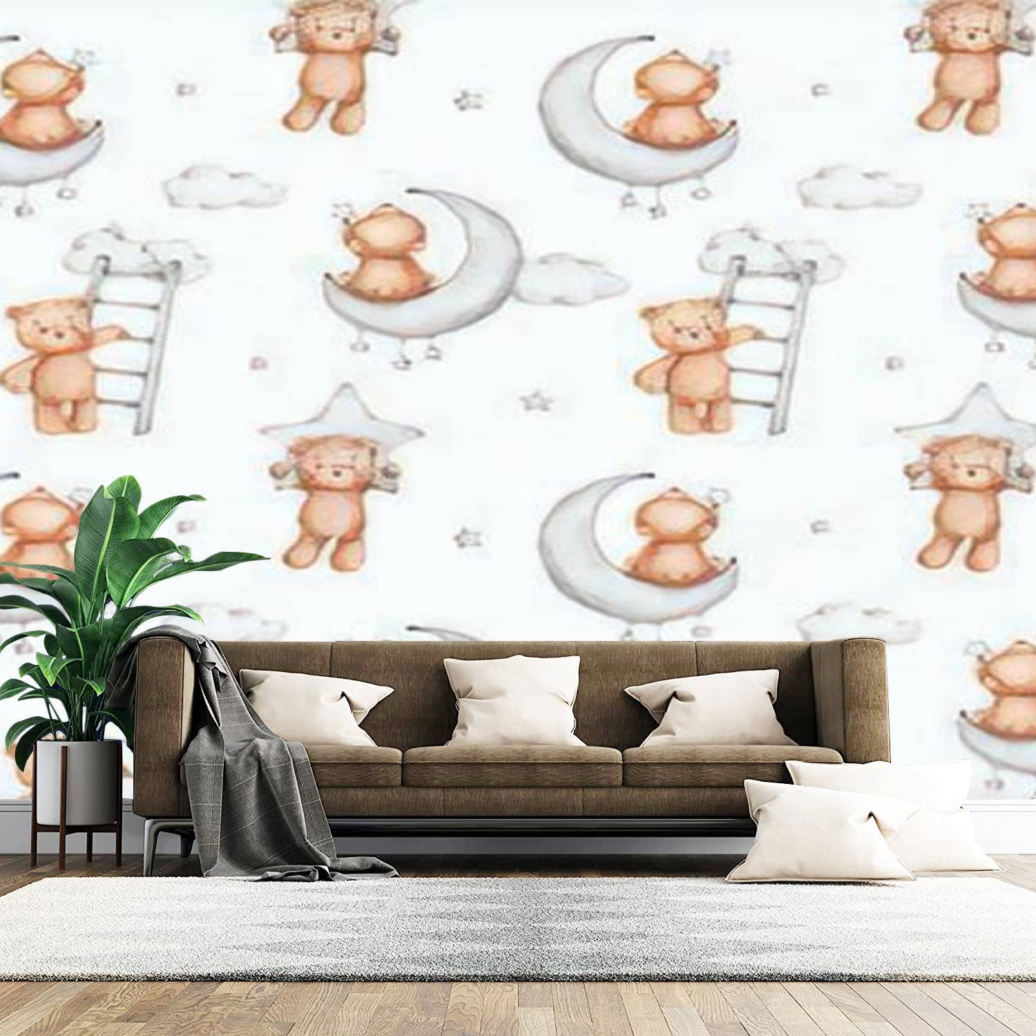 Teddy Bears Grey Moon Clouds Stars Watercolor Canvas Wallpaper - Seamless Self-Adhesive Peel & Stick Wall Mural for Living Room, Bedroom Decor | Nursery, Kids Room, Dorm Wall Art