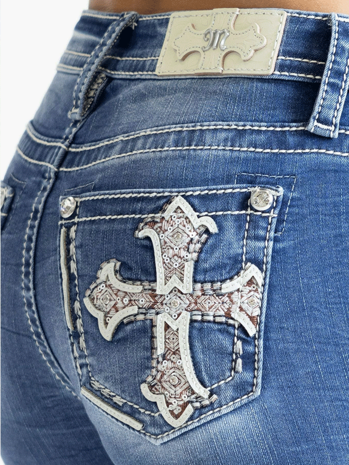 Miss Me M9352SBV Women's Cross Mid Rise Slim Boot Jean in Medium Blue - Perfect for Casual Wear, Work & Night Out