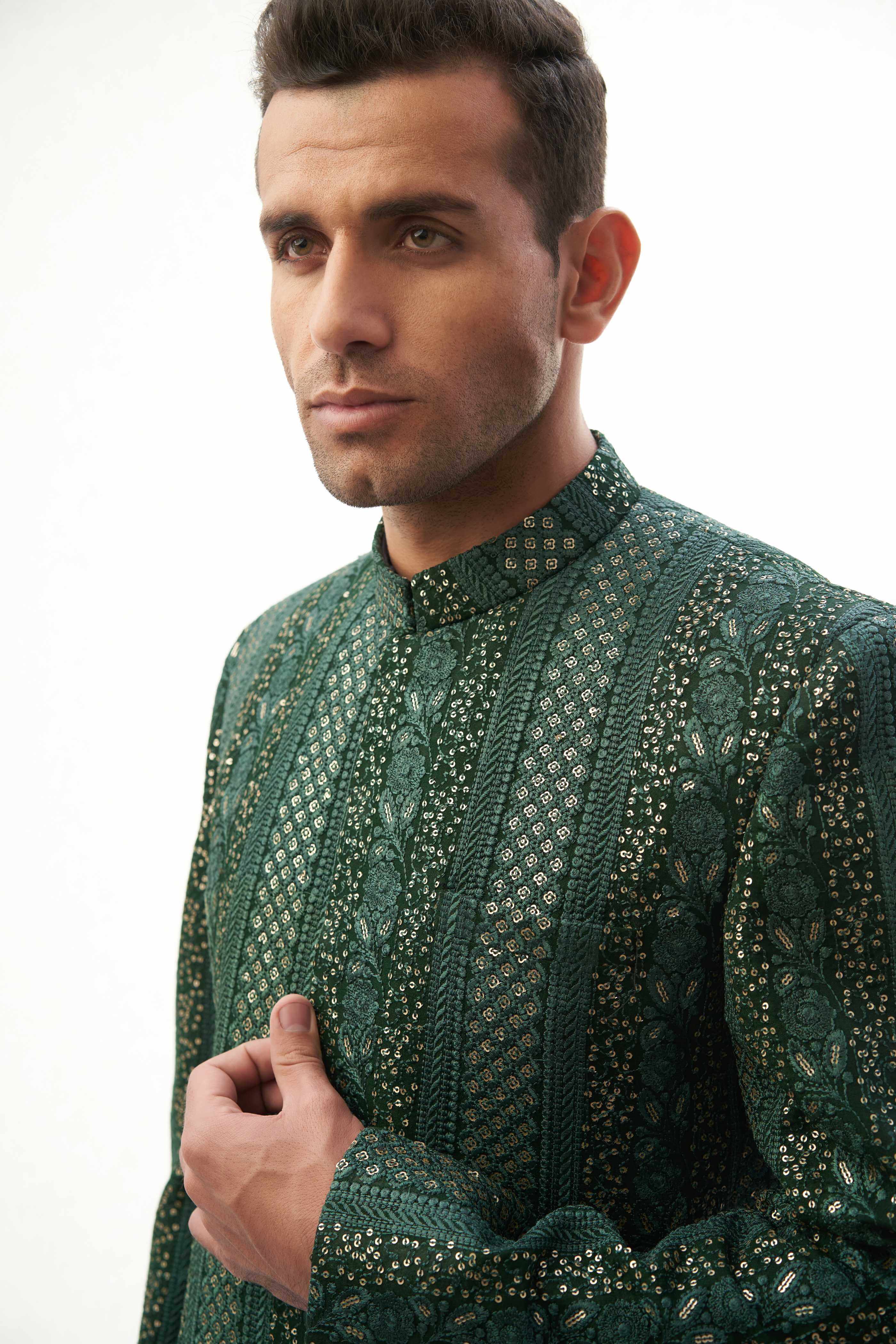 Emerald Green & Gold Short Sherwani with Sequins for Men | Indian Wedding Outfit | Party Wear & Festive Attire