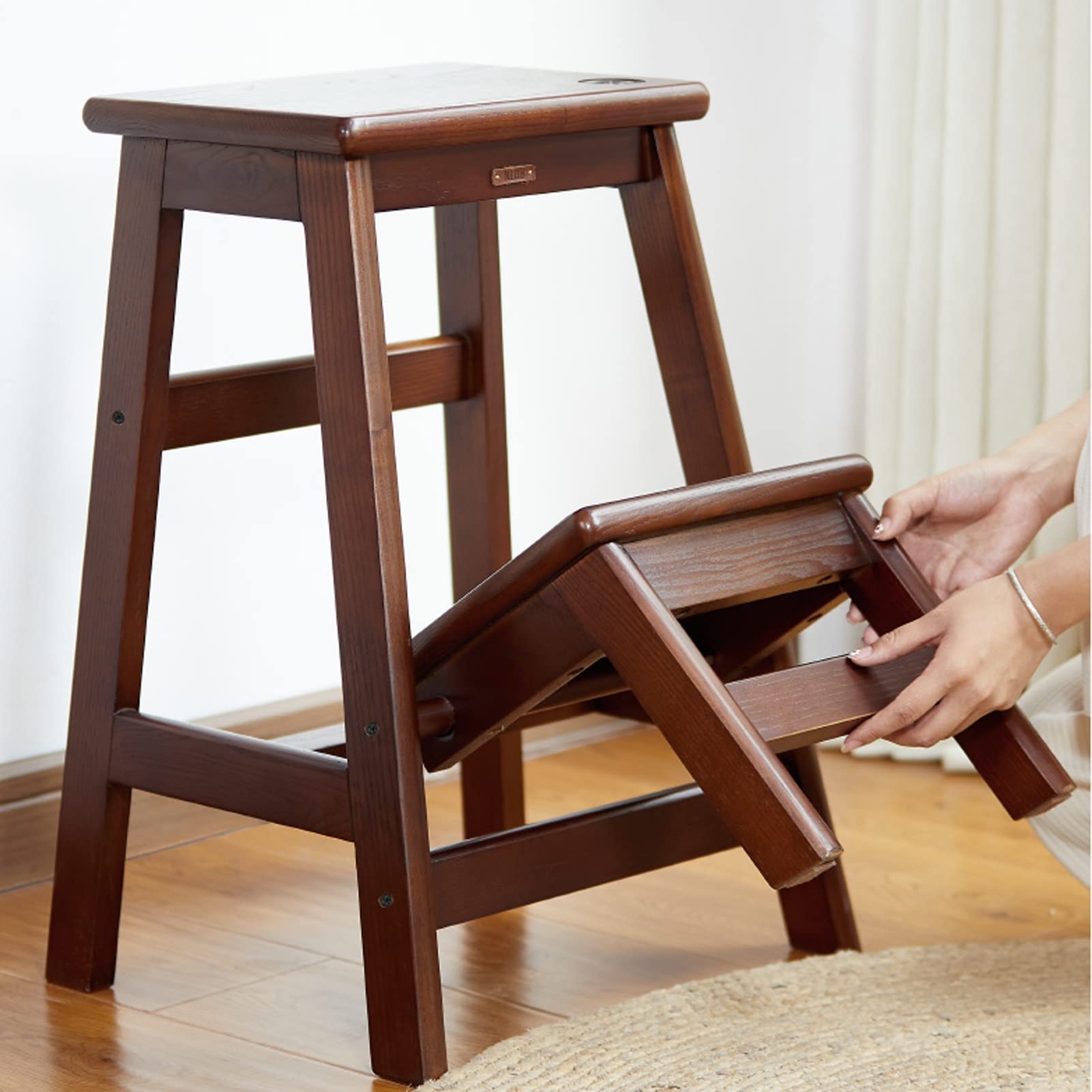 2-Step Foldable Wooden Stool Ladder - Portable Step Stool for Home, Library, Shoe Rack & Climbing - Supports 150kg - Perfect for Reaching High Shelves & Home Organization