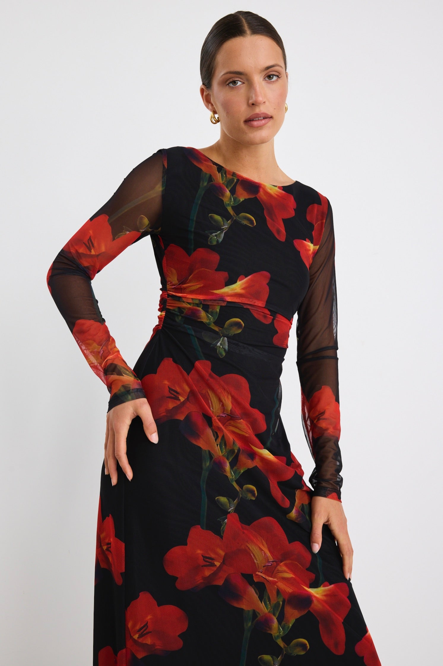 Elegant Red Floral Mesh Long Sleeve Wide Neck Midi Dress for Women - Perfect for Weddings, Parties & Special Occasions