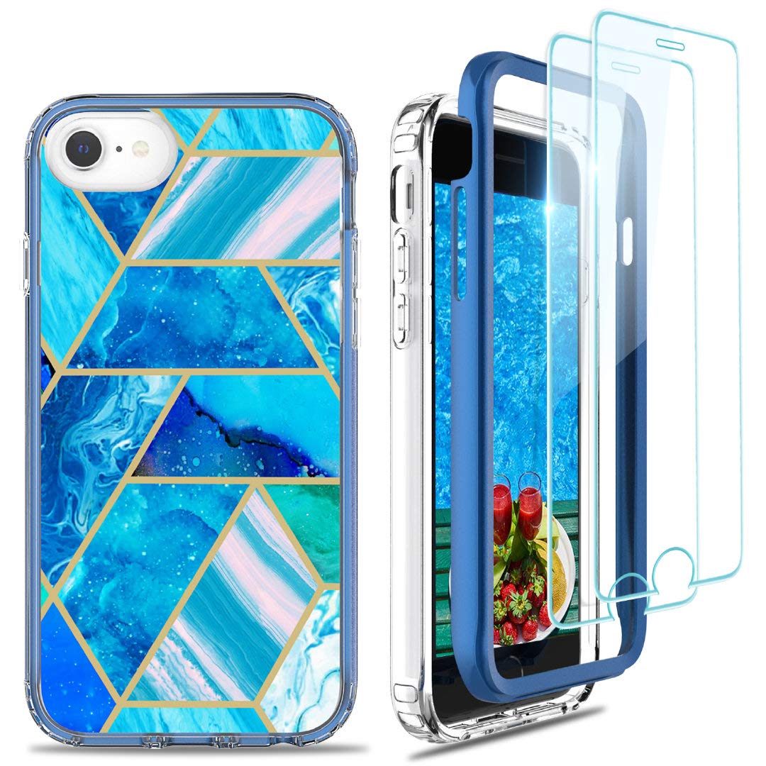 Jeylly iPhone SE 2022/2020 & iPhone 8/7 Case 4.7 Inch - Shockproof Hybrid Hard PC & Soft TPU Marble Design Phone Cover for Women (Light Blue) | Perfect for Daily Use, Work & Outdoor Activities