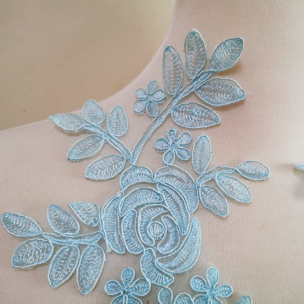 Embroidered Car Bone Lace Applique Flowers - Wedding Dress & Evening Gown Trim, Children's Headdress & Cuffs DIY Accessories - Sky Blue Lace Fabric for Bridal, Costume & Craft Projects