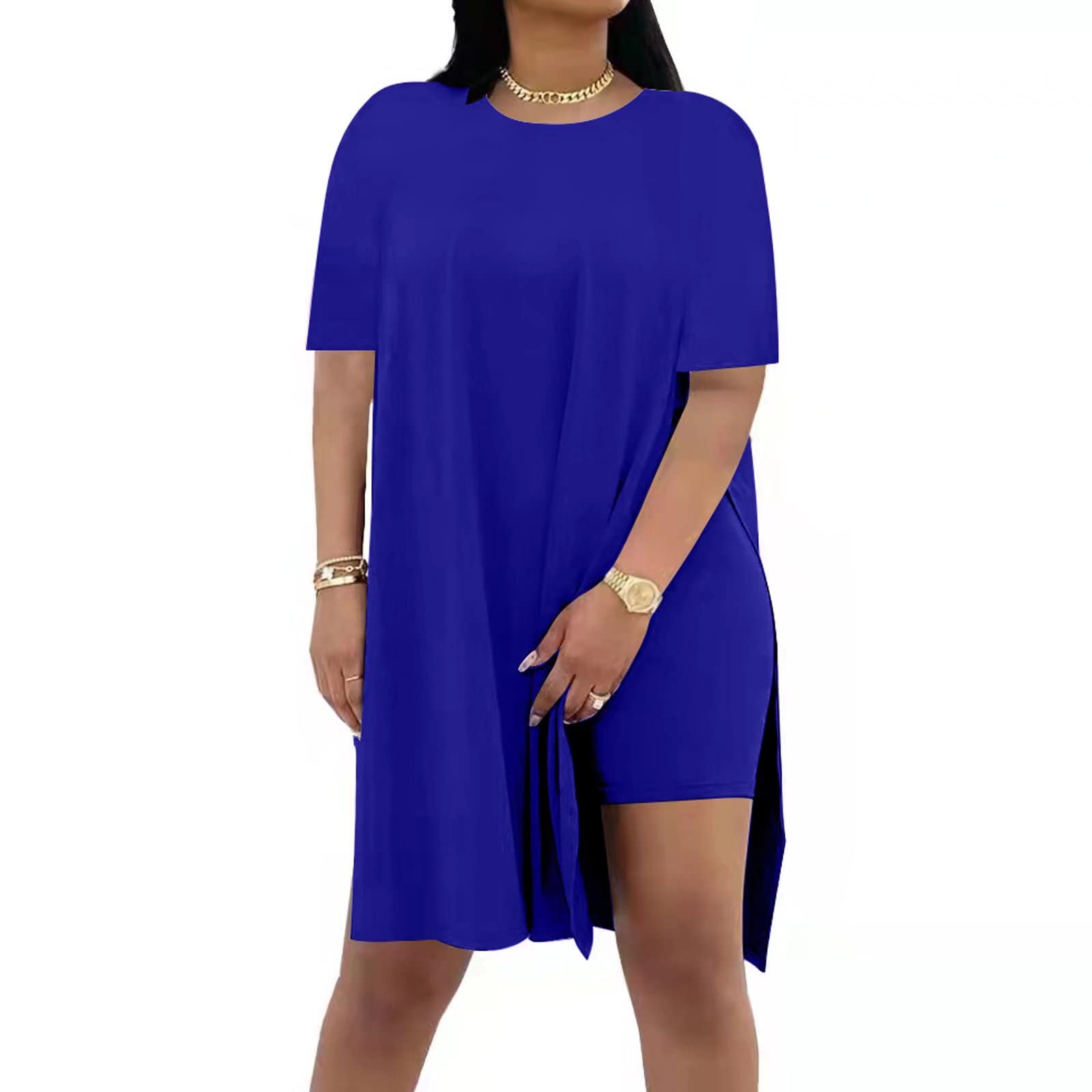 Plus Size Women's 2-Piece Outfit - Short Sleeve Tunic Top & Skinny Biker Shorts Set, Blue Tracksuit (X-Large) | Casual Wear, Gym, Yoga & Summer Outfits