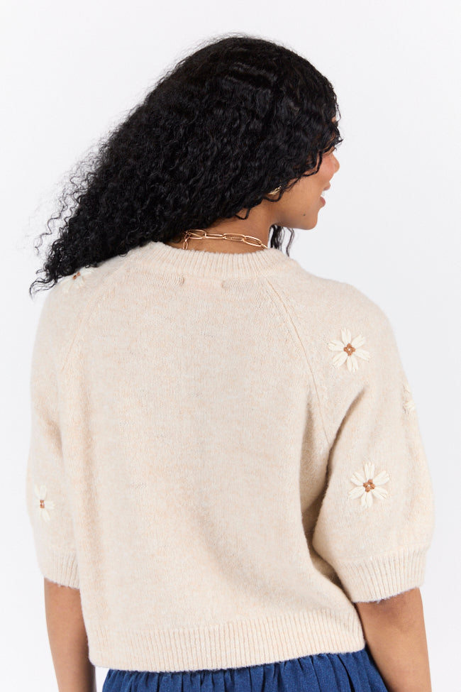 So Into You Women's Oatmeal Short Sleeve Floral Embroidered Sweater - Cozy Knit Pullover for Casual Outings & Fall Fashion