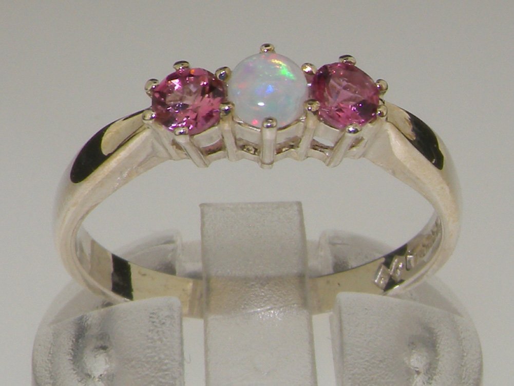925 Sterling Silver Genuine Opal & Pink Tourmaline Women's Trilogy Ring - Elegant Anniversary Gift for Her, Wedding Band, Valentine's Day Present, Special Occasion Jewelry