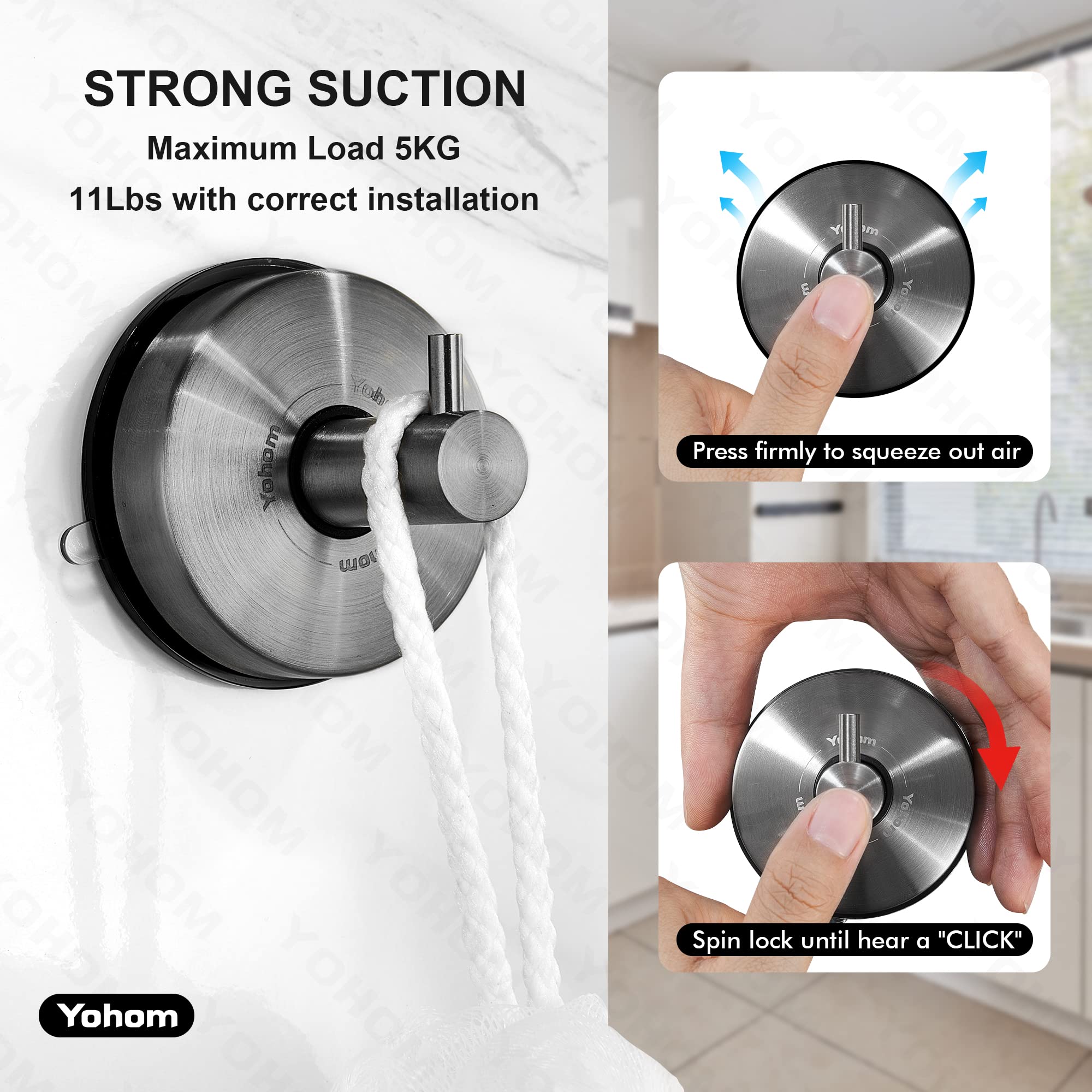 YOHOM Black Stainless Steel Suction Cup Hooks - Heavy Duty Shower Towel Holder for Glass Doors, Windows & Walls (2 Pack) - Perfect for Bathroom Organization, Loofah & Washcloth Hanging