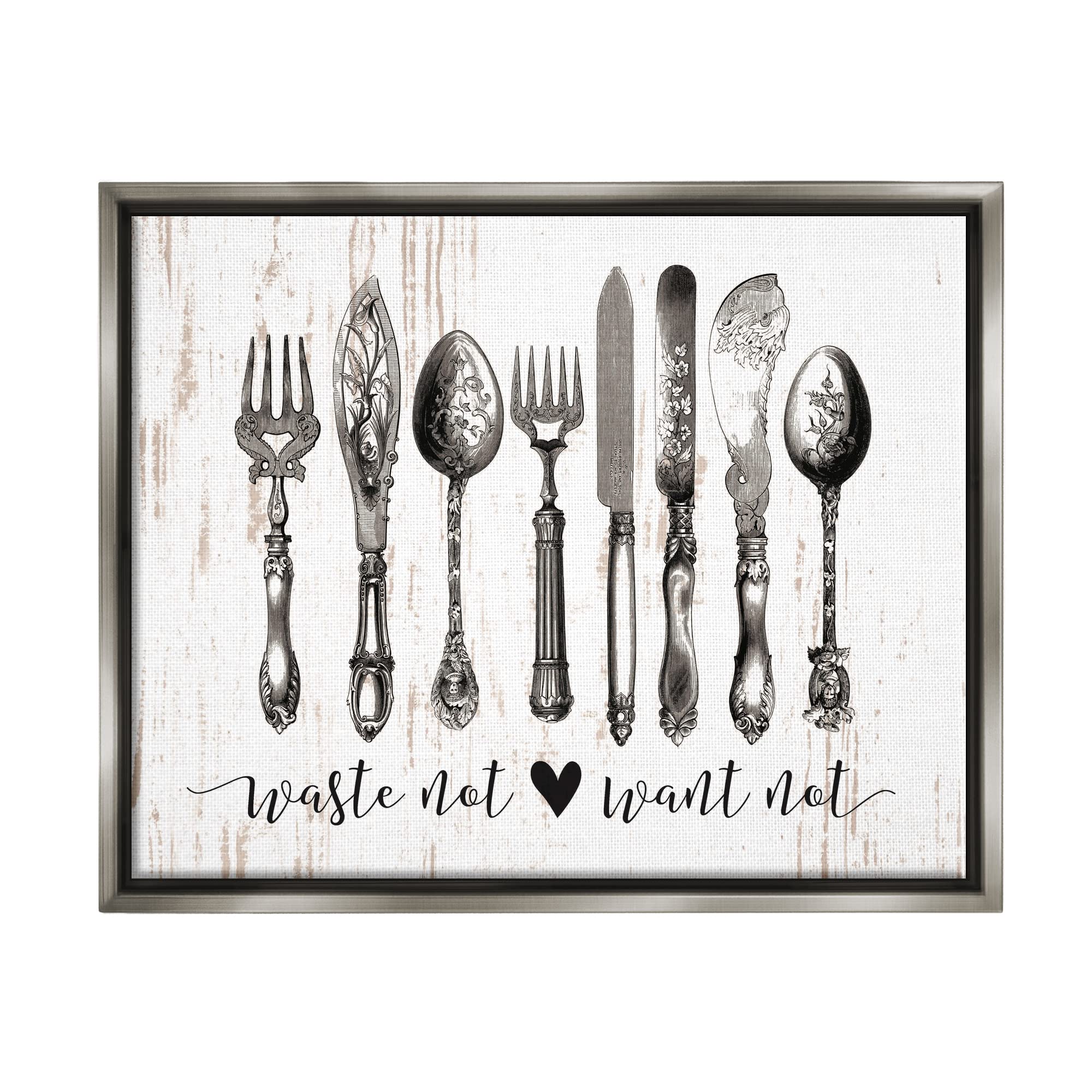 Stupell Industries 'Waste Not Want Not' Silverware Drawing - Kitchen Wall Art by Lettered & Lined | Perfect for Dining Room Decor & Farmhouse Style Kitchens