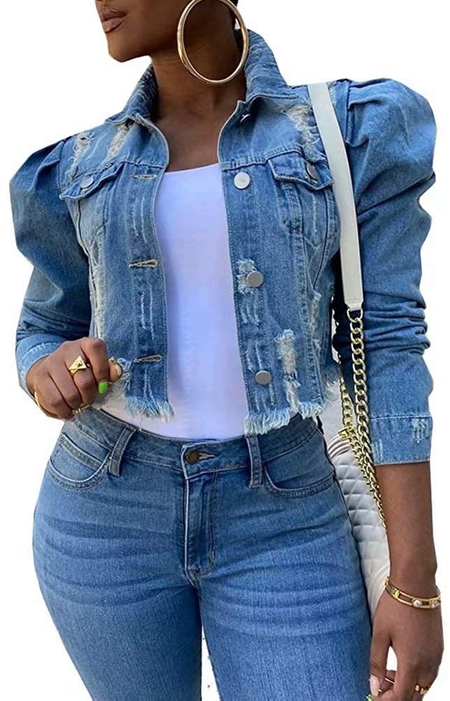 Women's Distressed Ripped Long Sleeve Denim Crop Top Jacket - Boyfriend Style Jean Coat for Casual Outfits & Streetwear Fashion