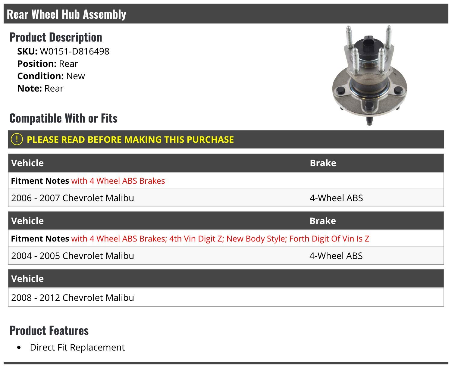 Rear Wheel Bearing Hub Assembly Replacement for 2004-2012 Chevy Malibu - Durable & Easy Installation - Perfect for DIY Repairs & Smooth Driving Experience