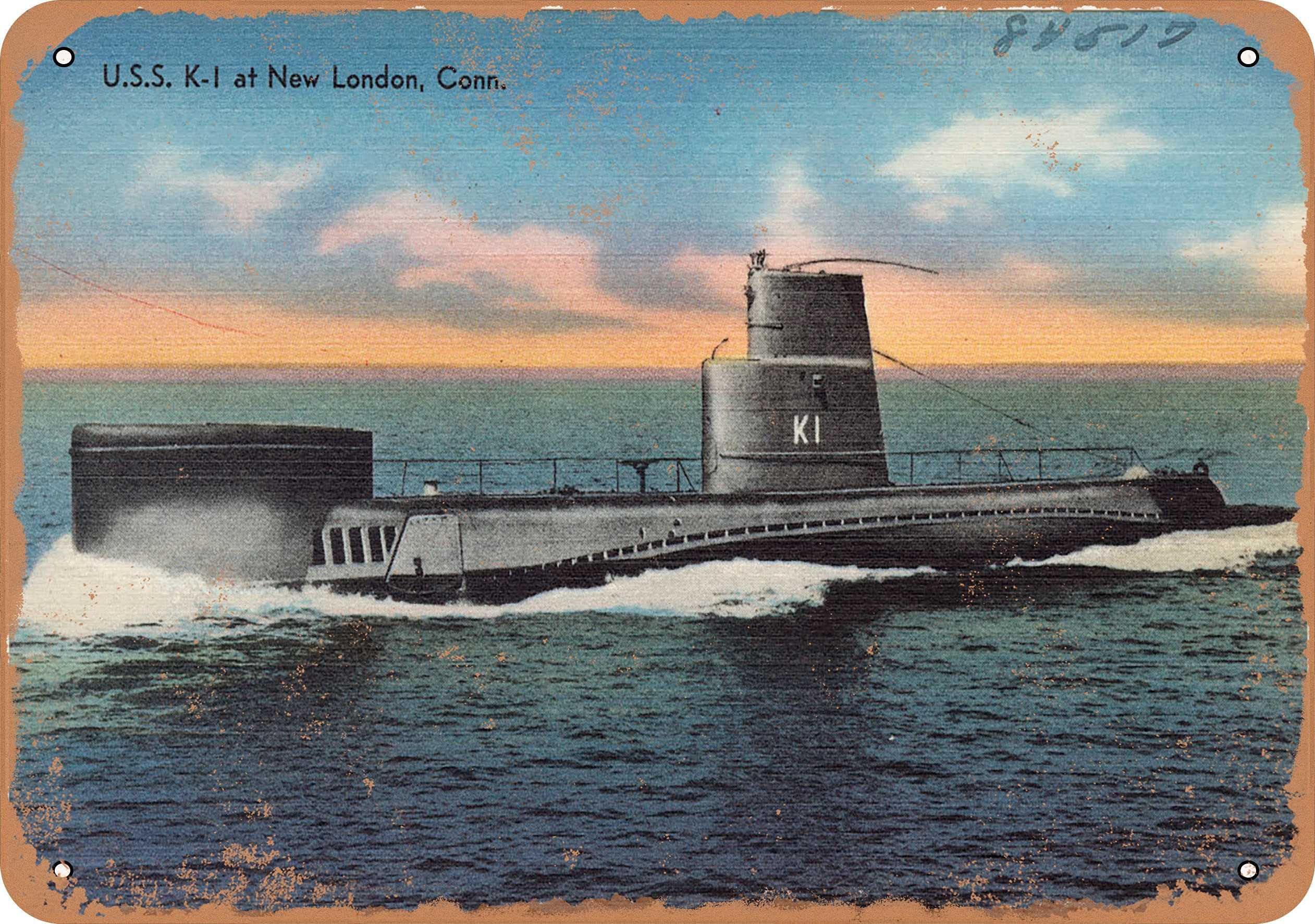 10 x 14 Inch Vintage USS K-1 Submarine Metal Wall Sign - Rusty Connecticut Postcard Design - New London Navy Decor - Perfect for Man Cave, Home Office or Bar Decor