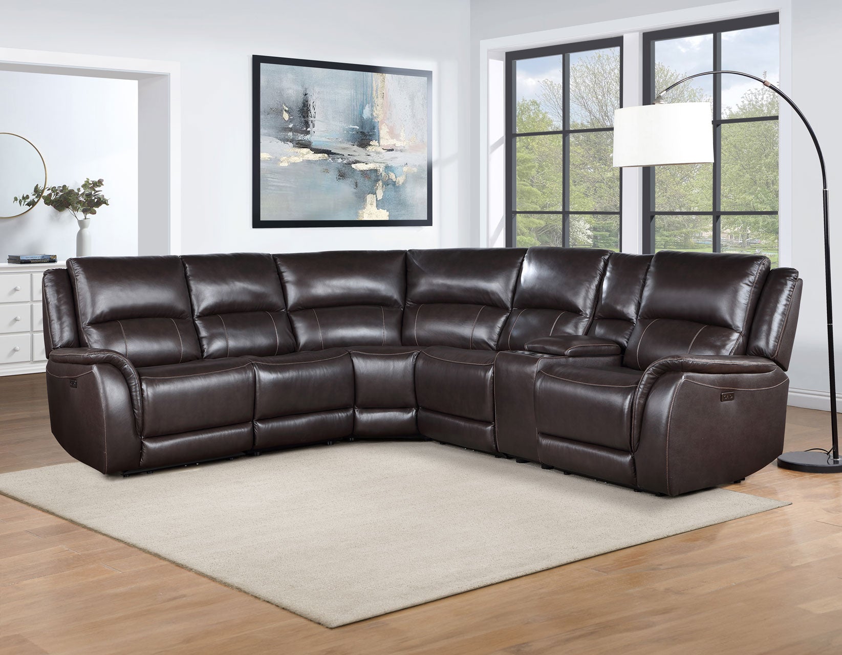 Adrian 6-Piece Chocolate Brown Leather Power Reclining Sectional Sofa Set with USB Ports for Living Room, Home Theater, and Family Gatherings