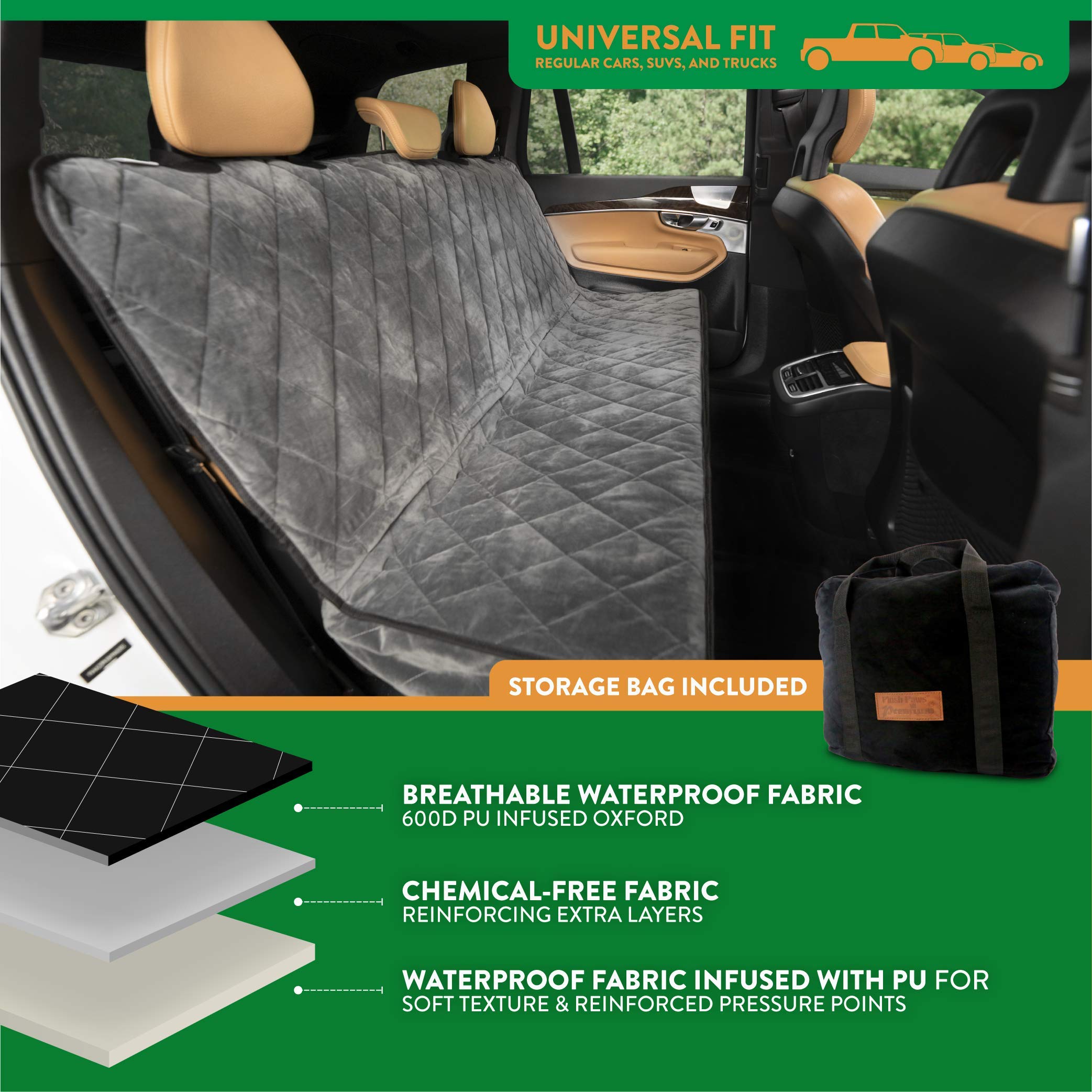 Plush Paws Velvet Rear Car Seat Protector with Hammock - Washable & Waterproof Dog Seat Cover for Cars, Trucks & SUVs - Non-Slip, Tear-Resistant Pet Car Accessory - X-Large London Grey - Perfect for Road Trips & Daily Pet Transportation
