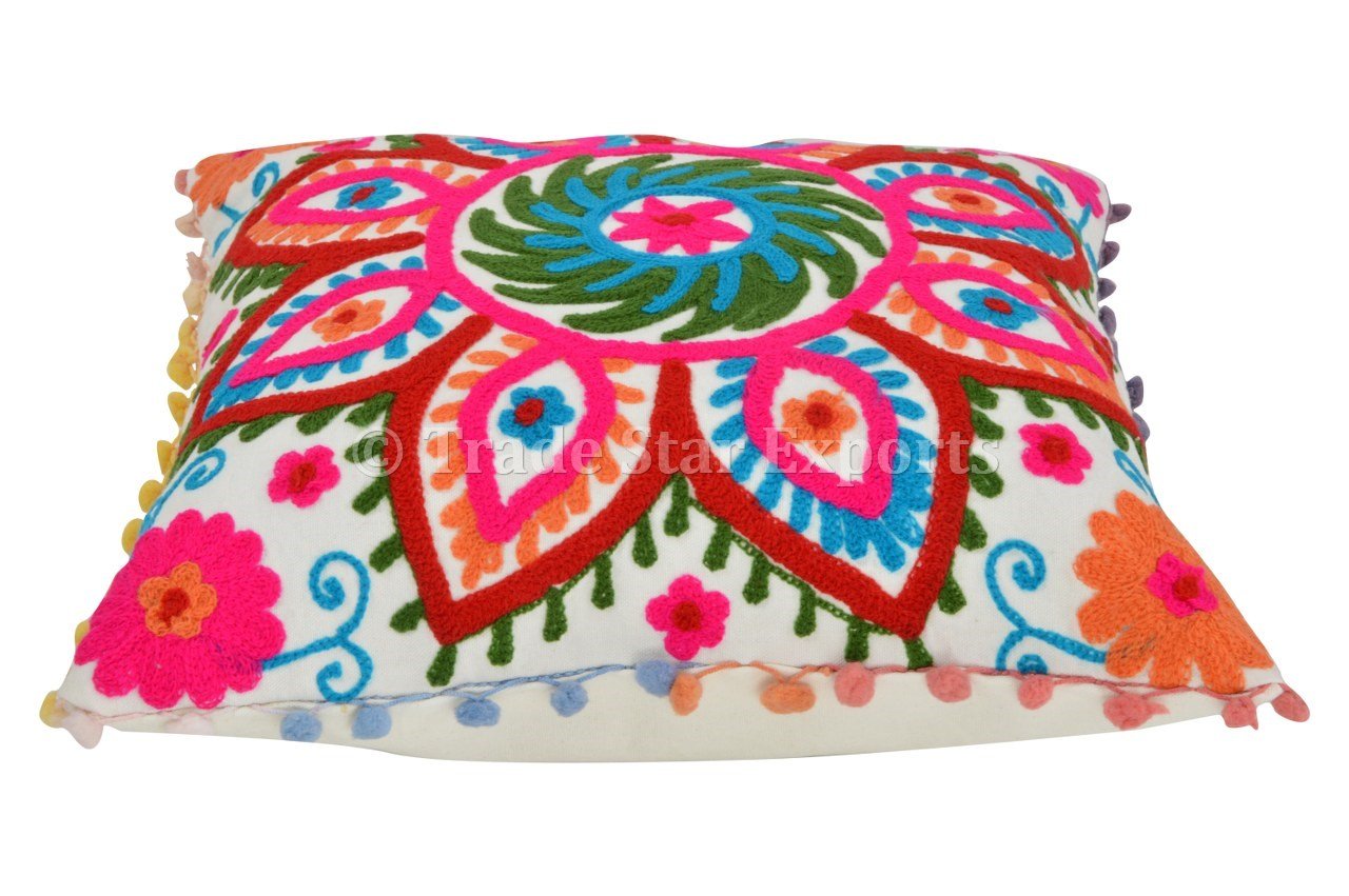 Trade Star Square Pillow Cover with Pom Pom Embroidery - Bohemian Euro Sham Cushion Cover, Indian Ethnic Decorative Throw Pillow Case (Pattern 2) - Perfect for Boho Chic Living Room, Bedroom & Home Decor